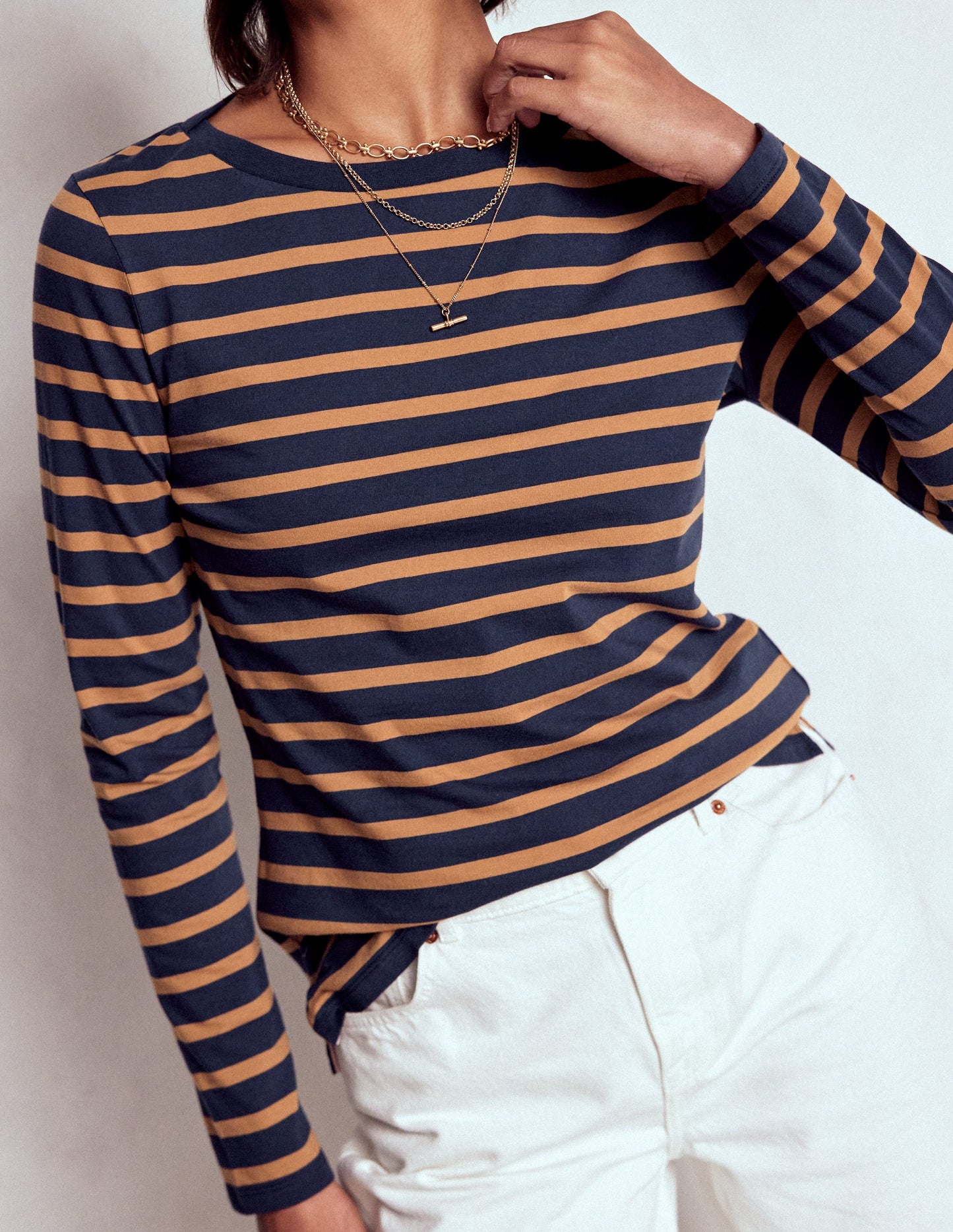 Olivia Long Sleeve Breton-Navy, Camel Stripe