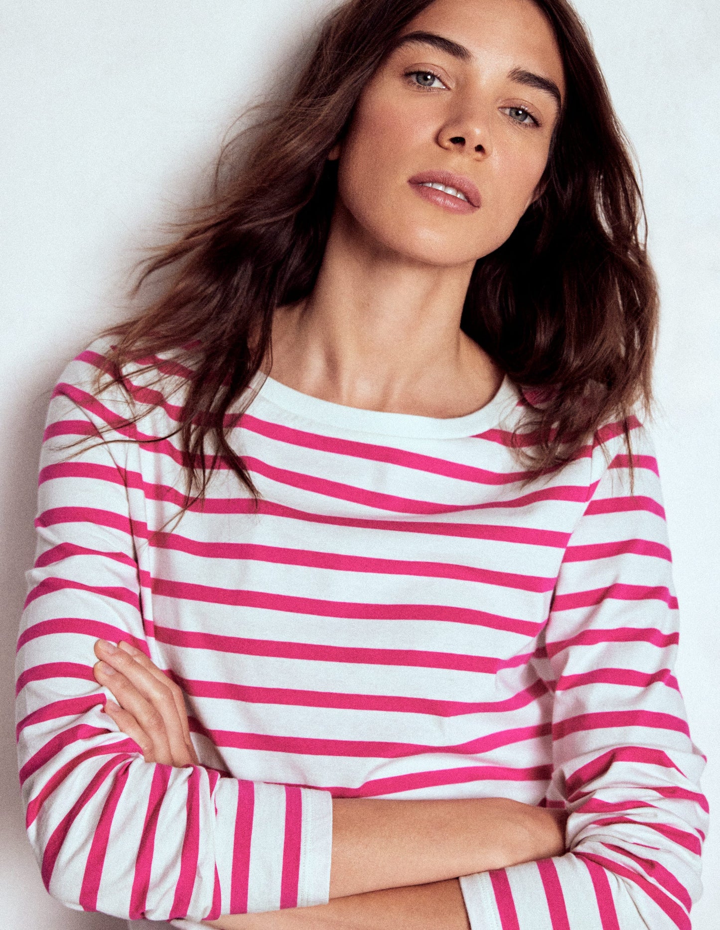 Olivia Langärmliges Bretonshirt-Rosa Pfingstrose Streifen