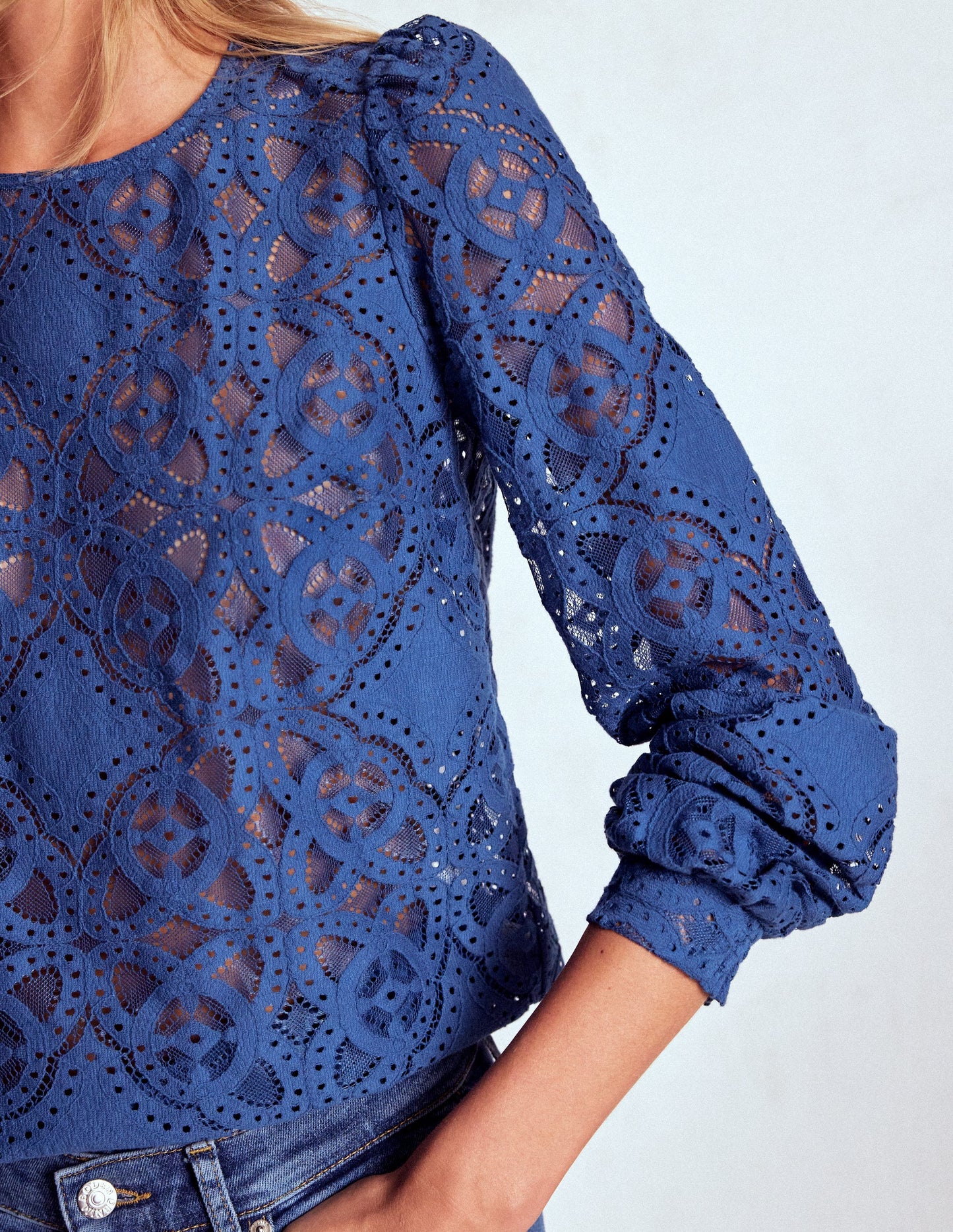 Oberteil aus Spitze mit Rundhalsausschnitt-Denim-Blau