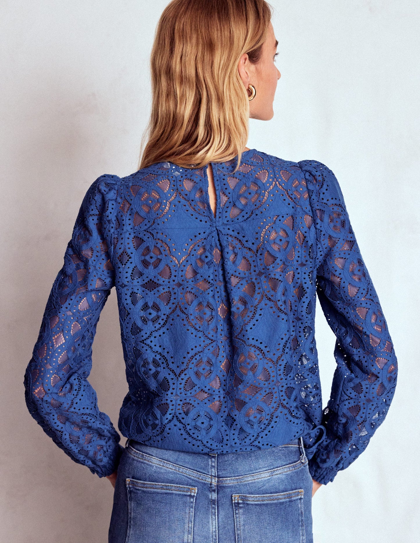 Oberteil aus Spitze mit Rundhalsausschnitt-Denim-Blau