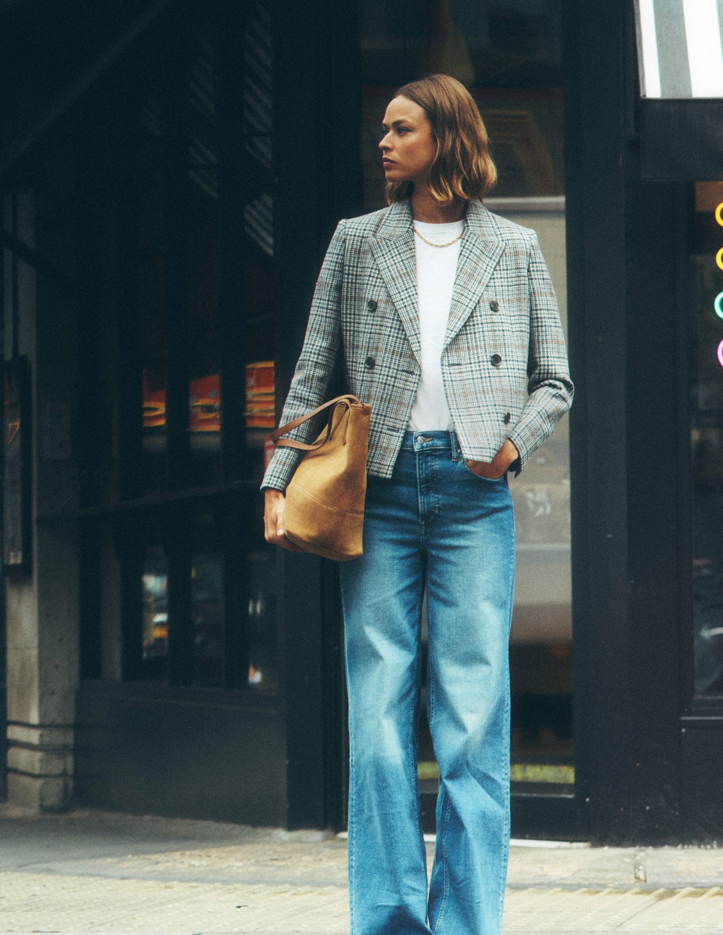 Blazer croisé coupe carrée-Prince de Galles bleu et gris
