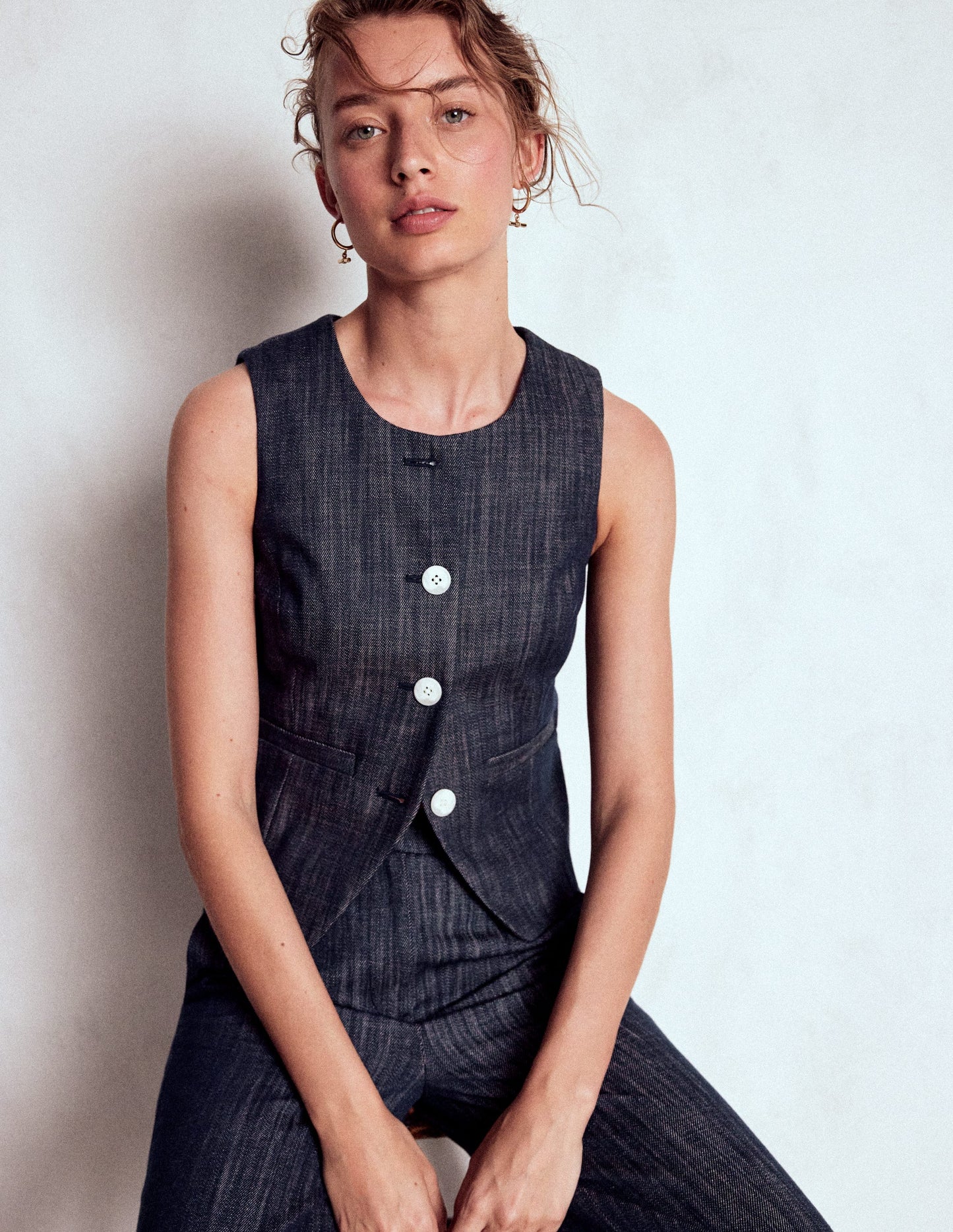 Gilet de costume ajusté en sergé-Indigo