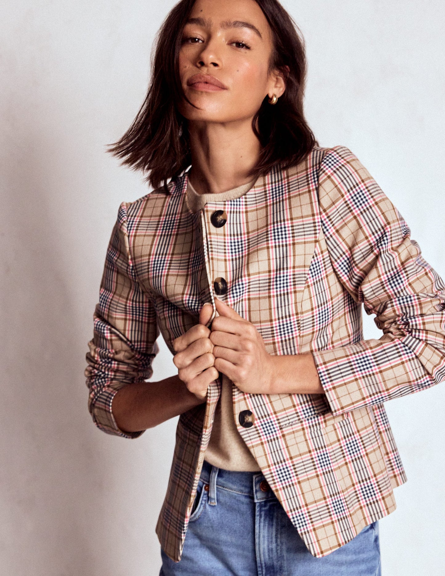 Hampstead Karierter Blazer-Braun, Rosa & Marineblau Kariert