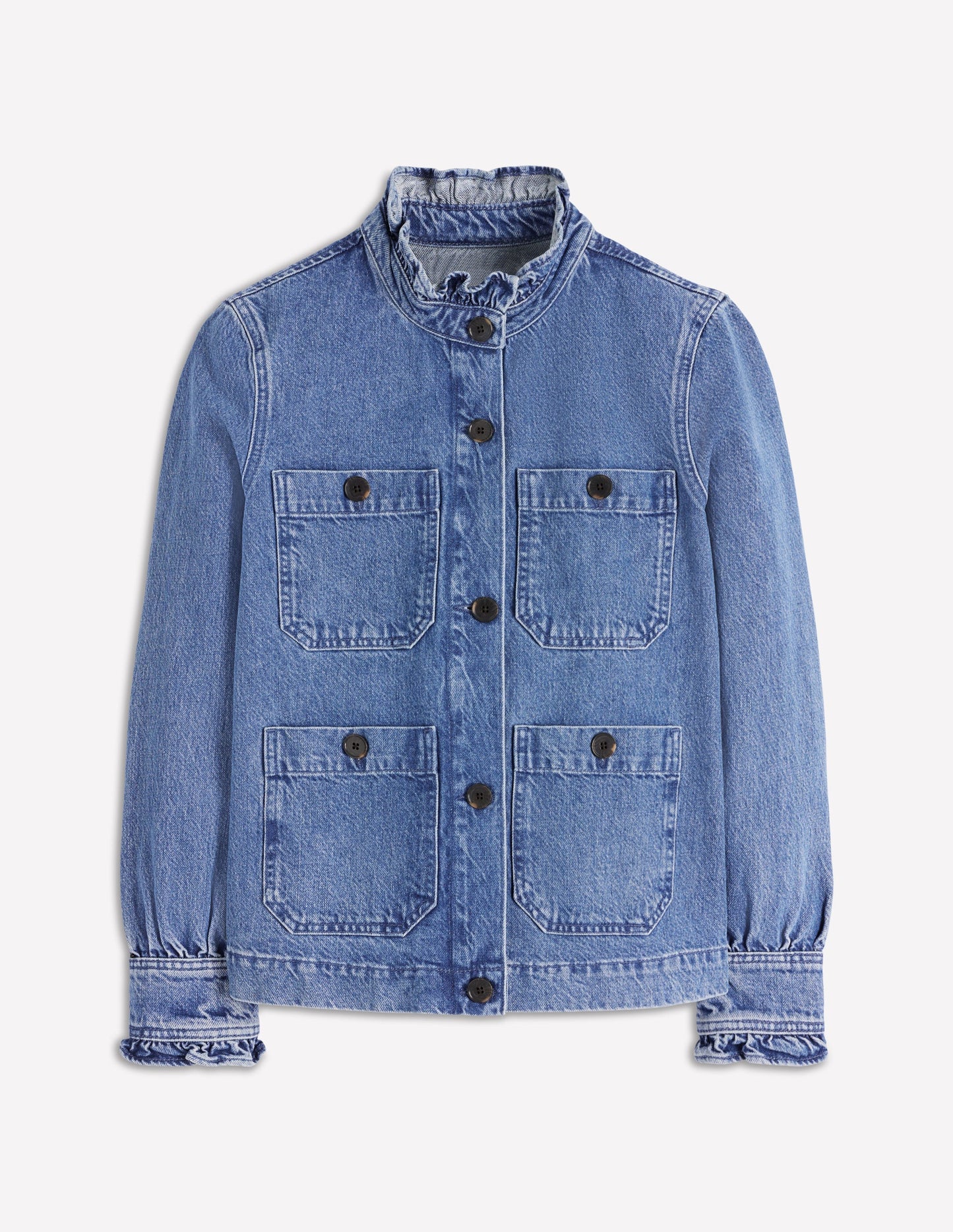 Jeansjacke mit Rüschenkragen-MITTLERE WASCHUNG