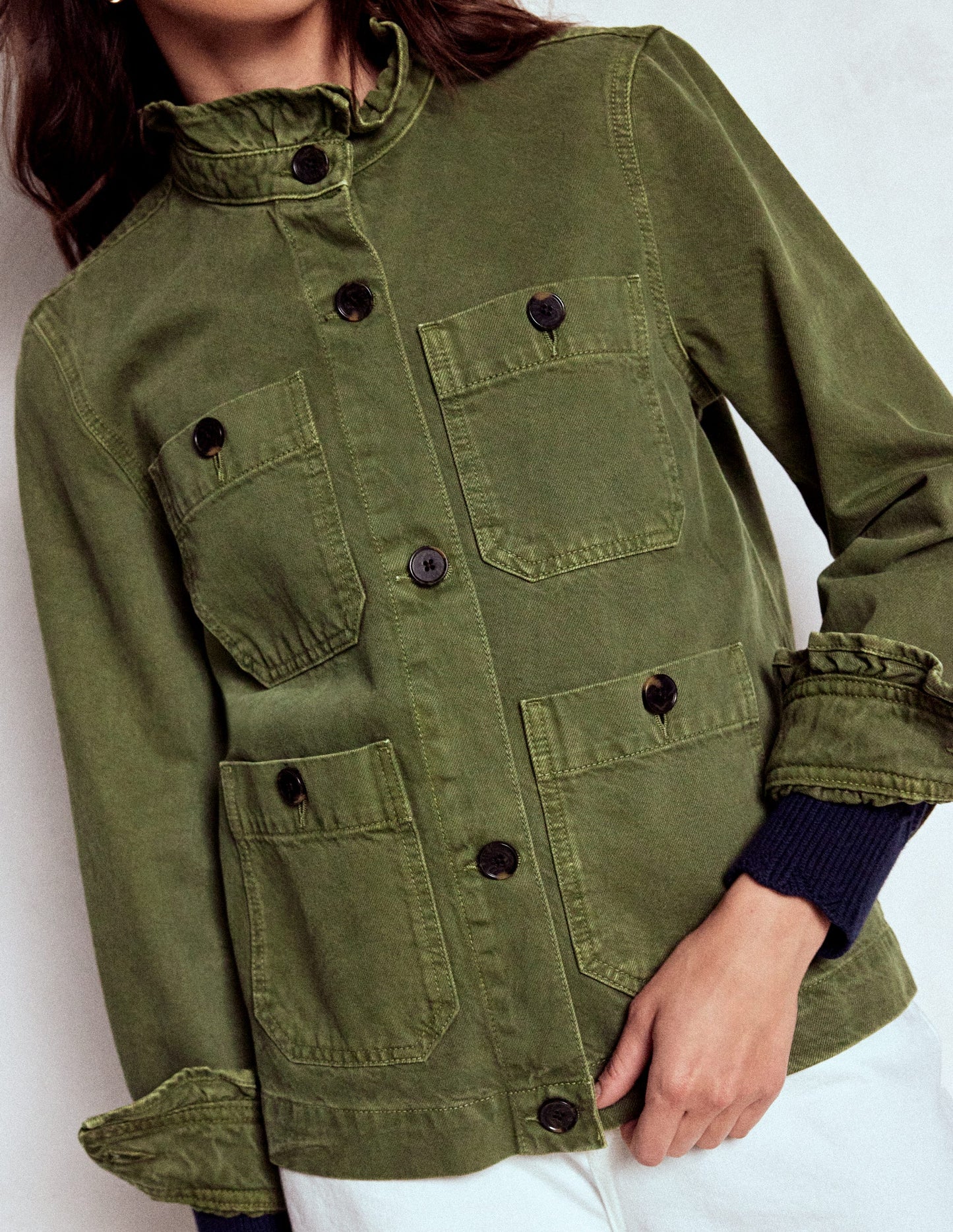 Baumwolljacke mit Rüschenkragen-Waldgrün