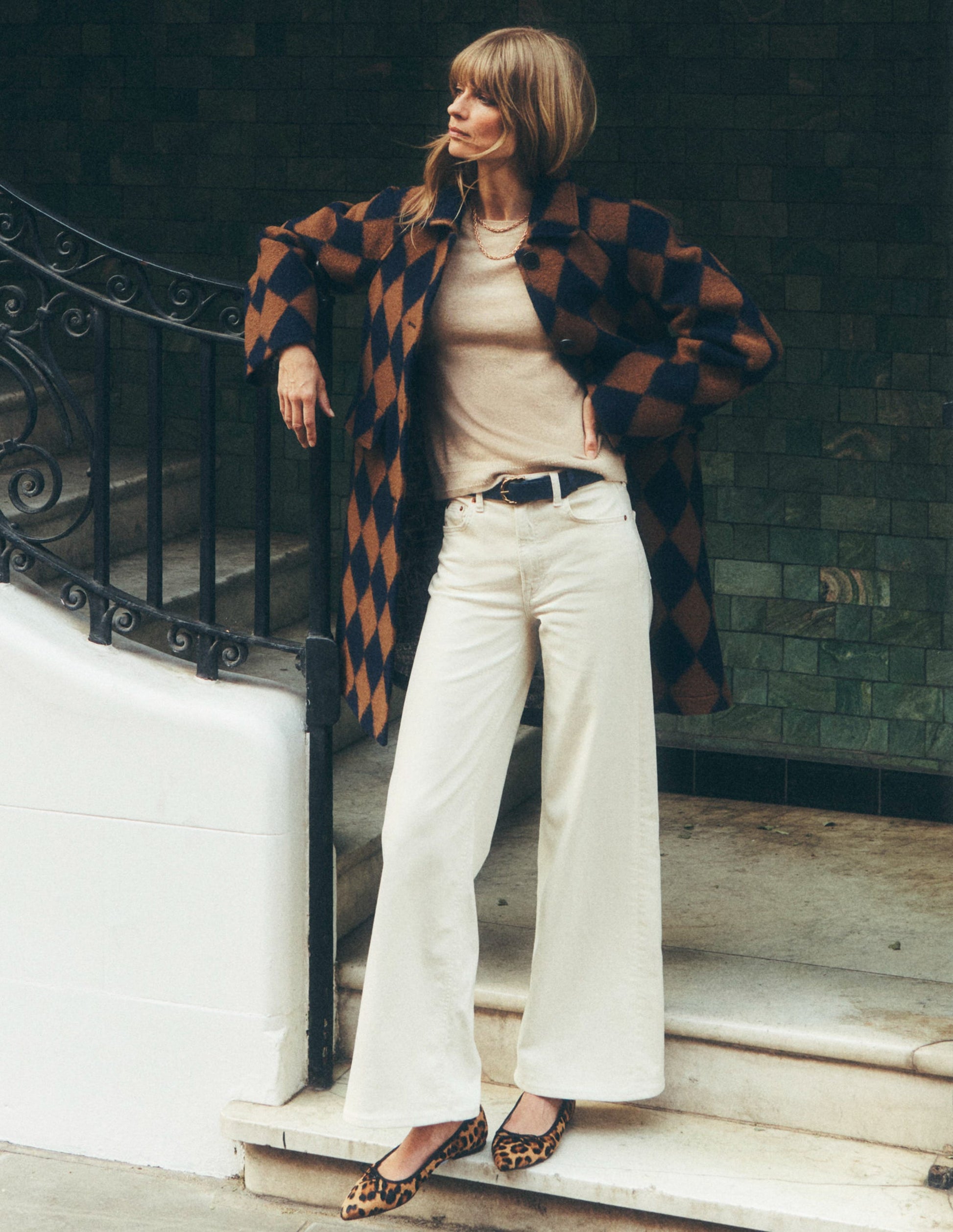 Manteau trapèze Edinburgh-Motif argyle camel et bleu marine-7