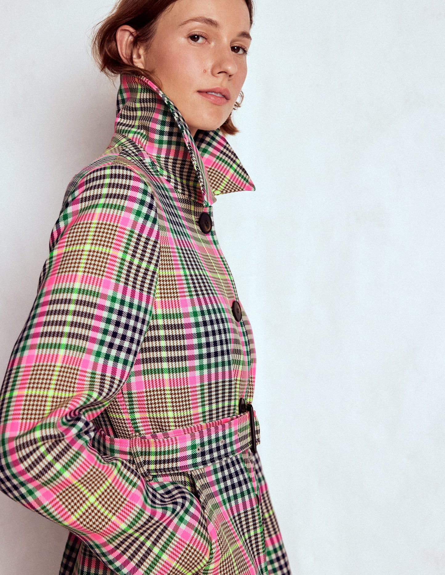 Lancaster Trenchcoat mit Gürtel-Braun, Neonpink Kariert