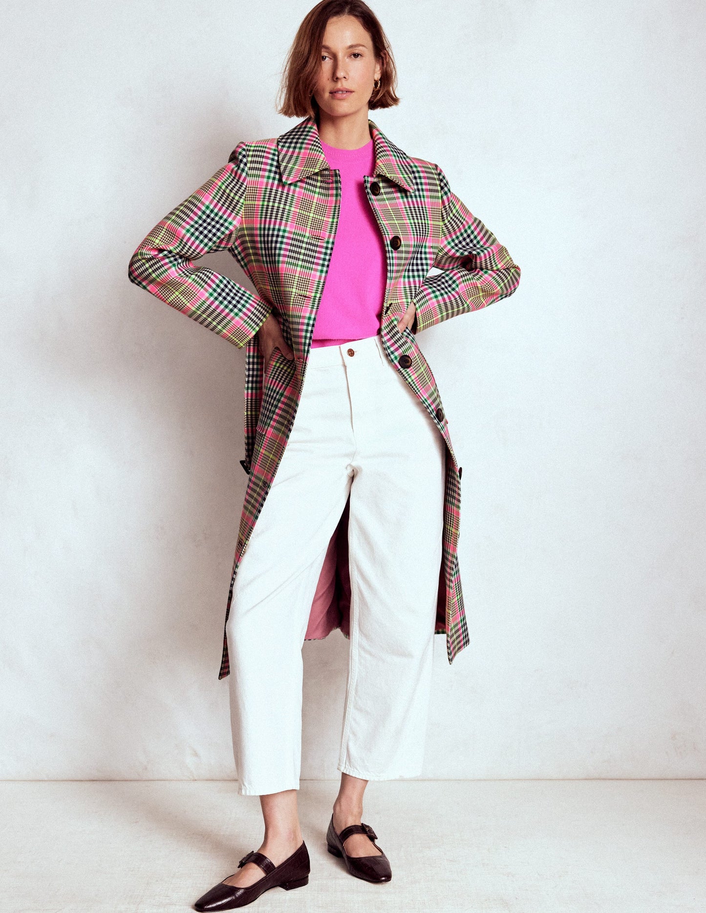 Lancaster Trenchcoat mit Gürtel-Braun, Neonpink Kariert