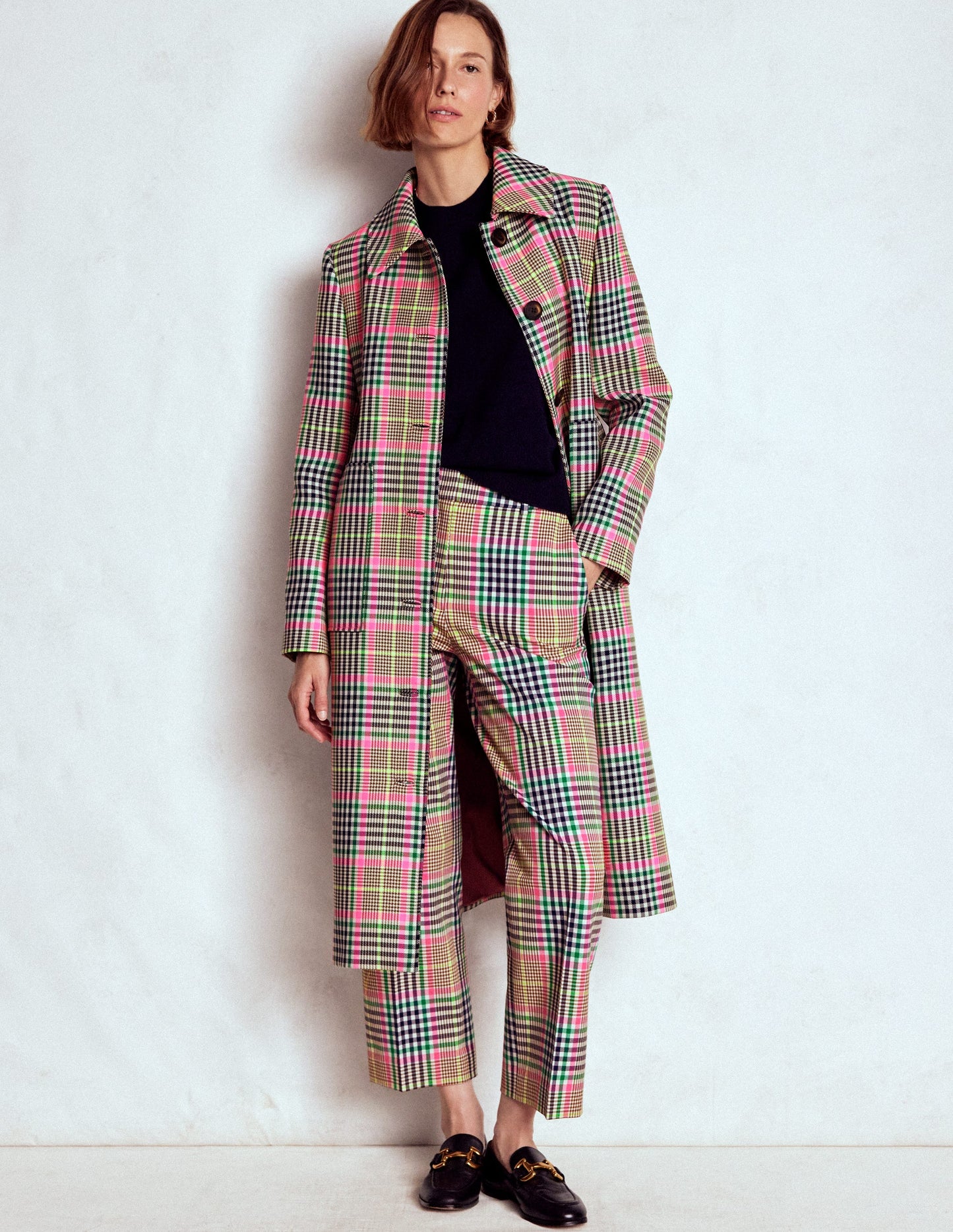 Lancaster Trenchcoat mit Gürtel-Braun, Neonpink Kariert