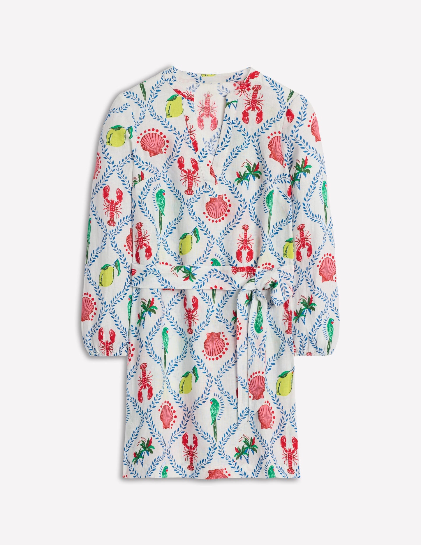 Robe Cleo nouée à la taille en lin-Ivoire, motif Tropical Bonanza Vine