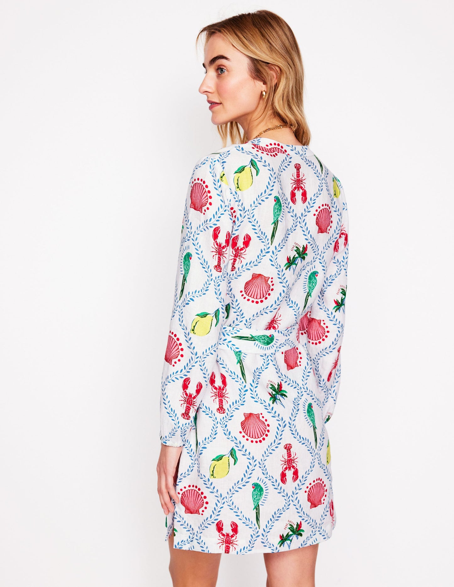 Robe Cleo nouée à la taille en lin-Ivoire, motif Tropical Bonanza Vine
