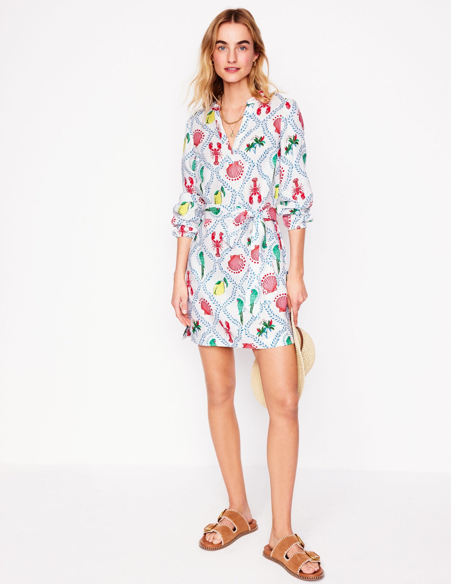 Robe Cleo nouée à la taille en lin-Ivoire, motif Tropical Bonanza Vine