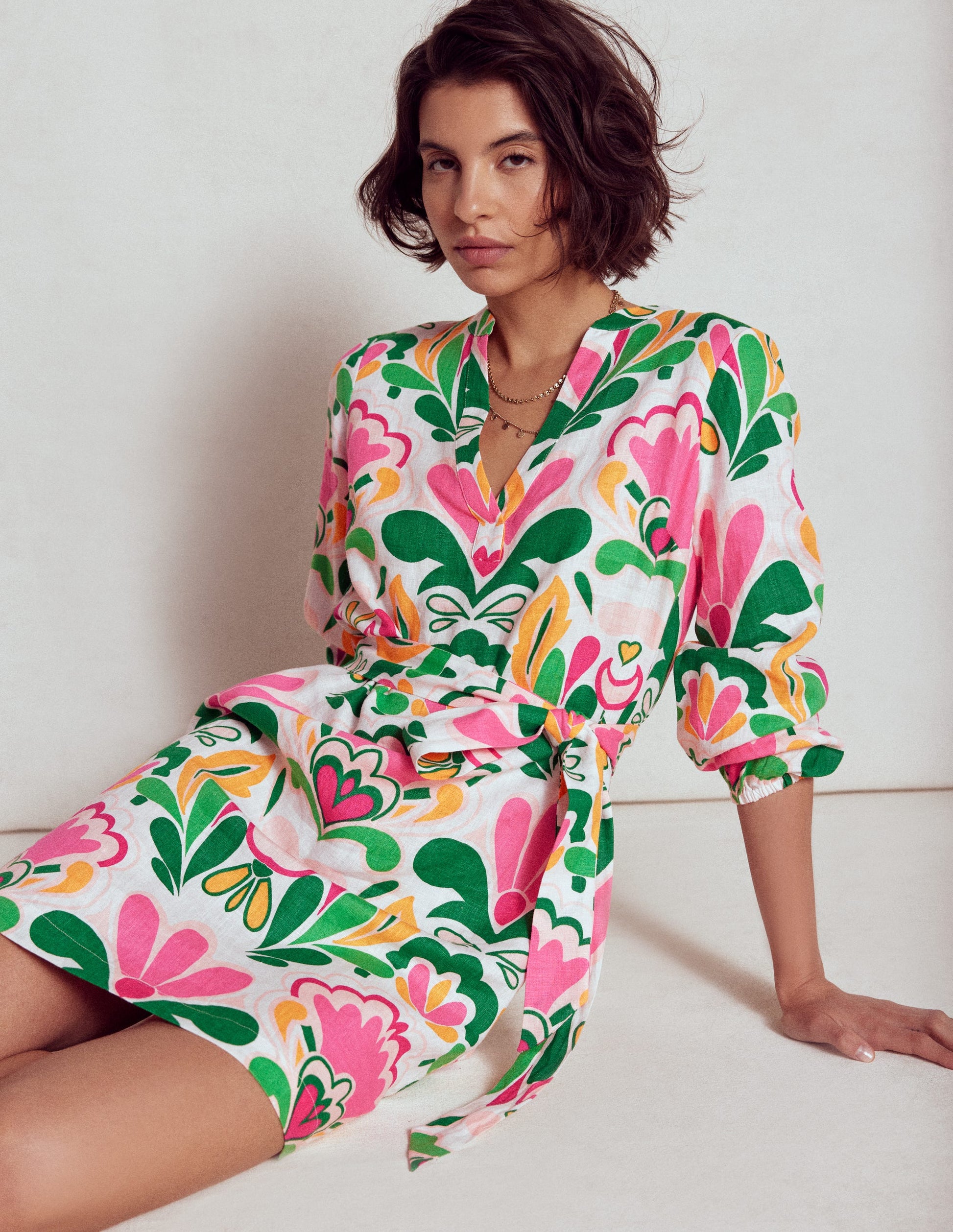 Cleo Leinenkleid mit Bindegürtel-Bunt, Freesienstempel-2