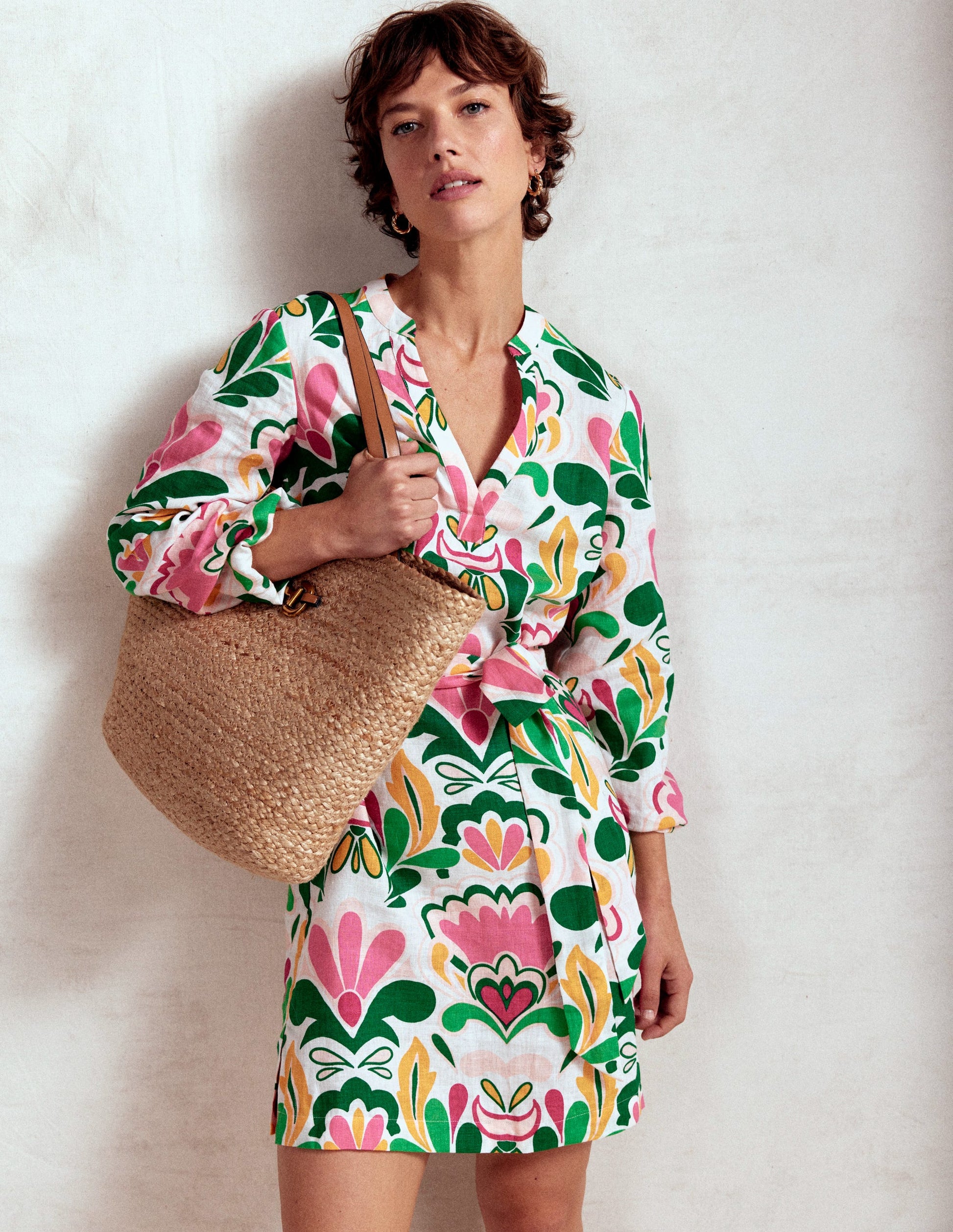 Cleo Leinenkleid mit Bindegürtel-Bunt, Freesienstempel-1