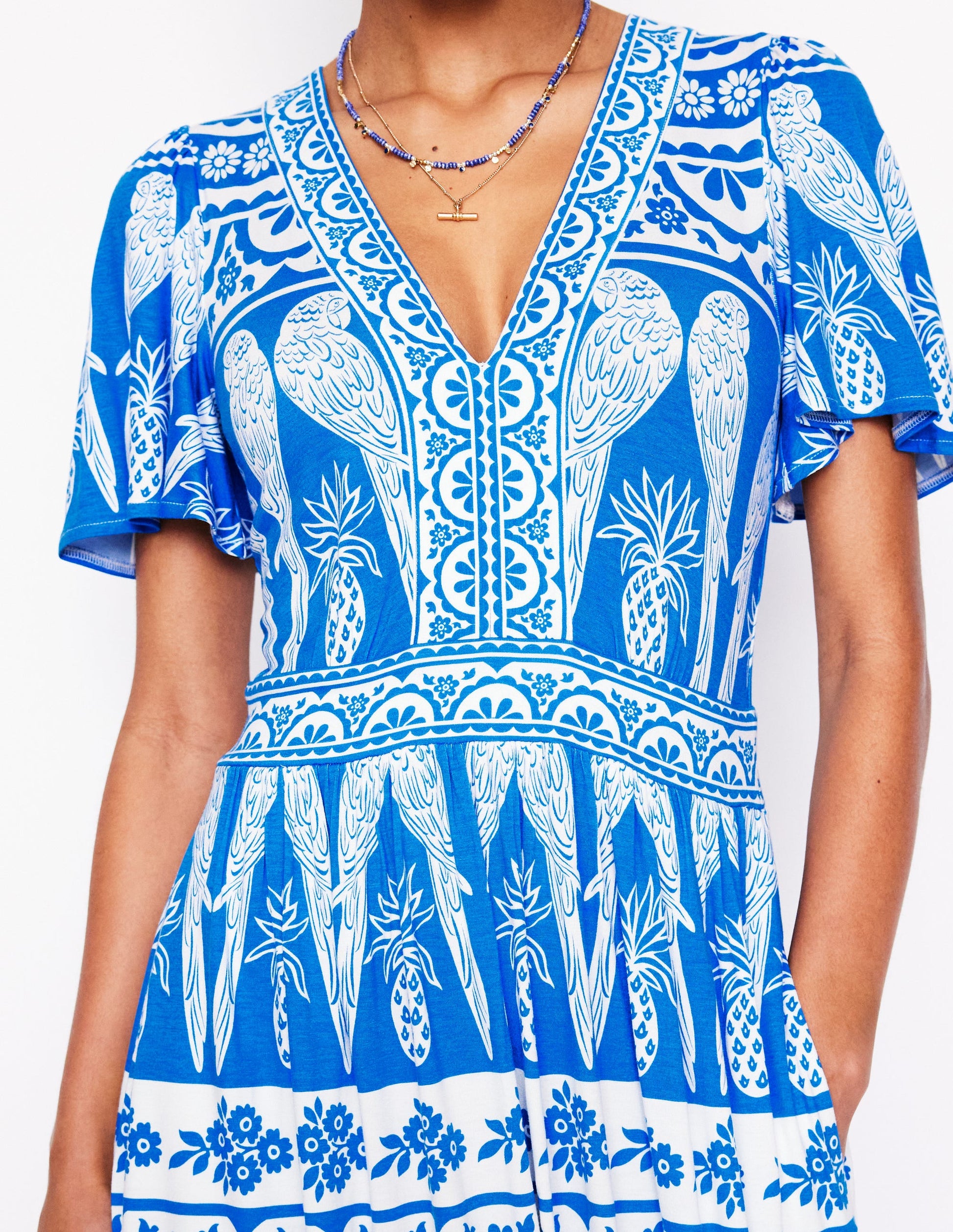 Robe longue style 40s Ellie à manches aériennes-Bleu céruléen, motif Ornate Tropics-2