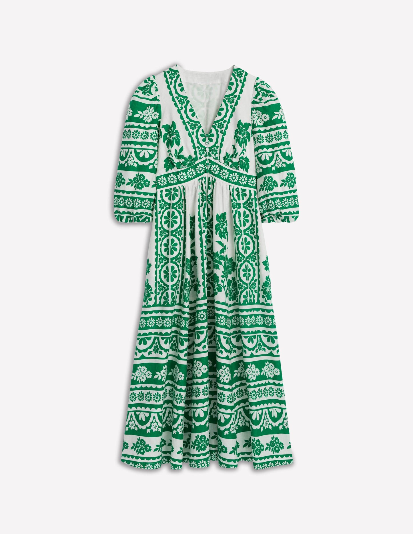 Robe longue Lola à manches blousantes-Émeraude profond, motif Ornate Tropics