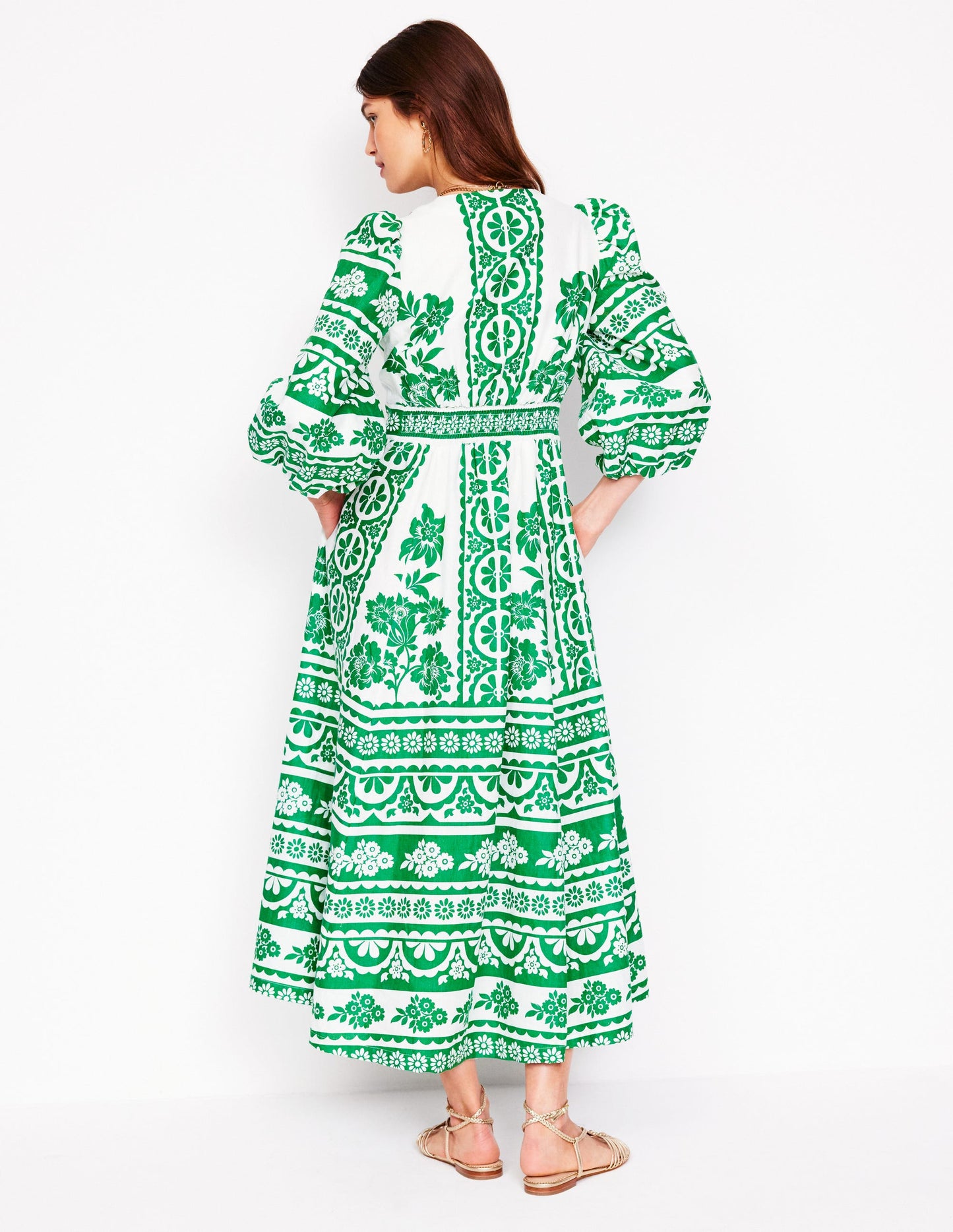 Robe longue Lola à manches blousantes-Émeraude profond, motif Ornate Tropics