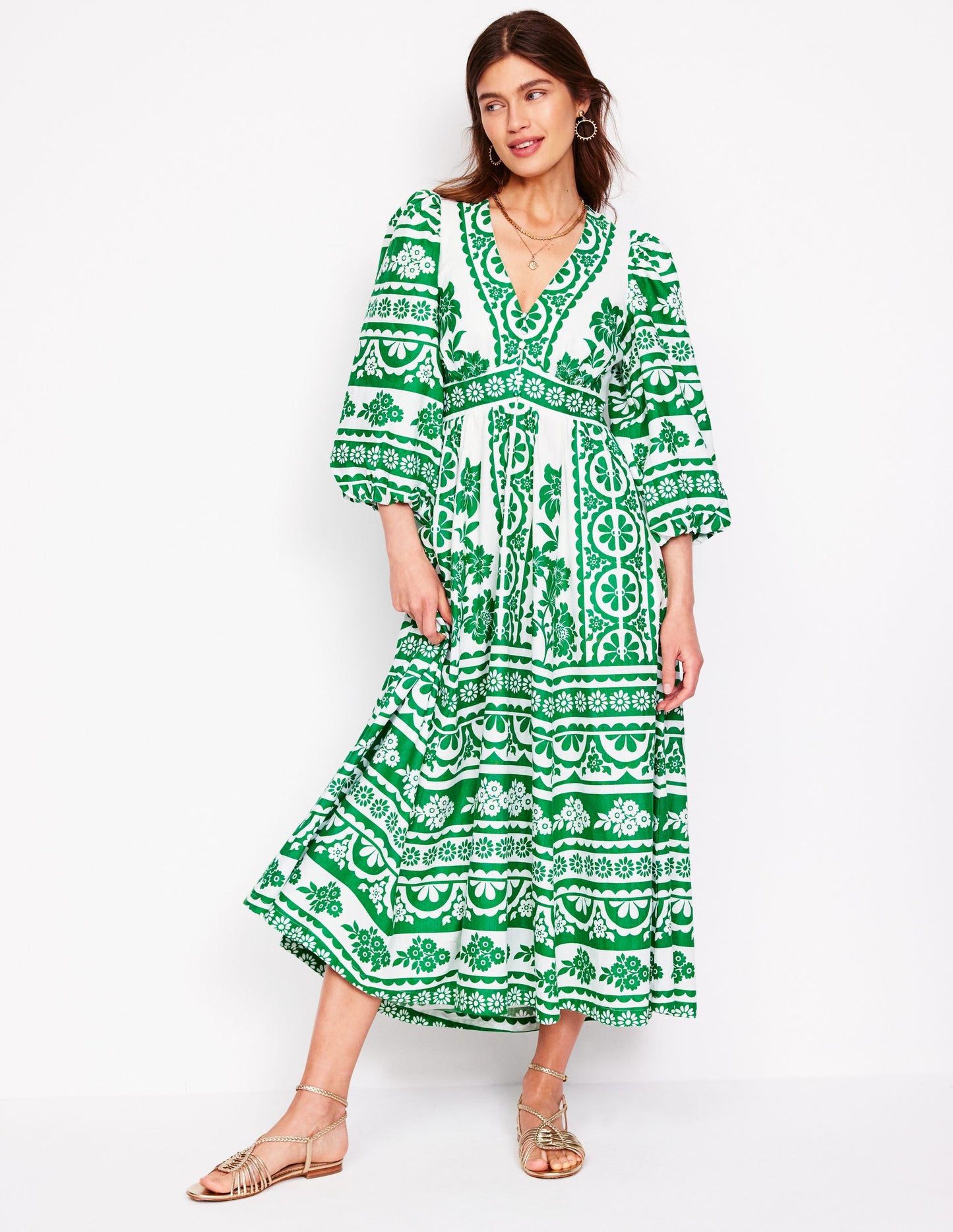 Robe longue Lola à manches blousantes-Émeraude profond, motif Ornate Tropics