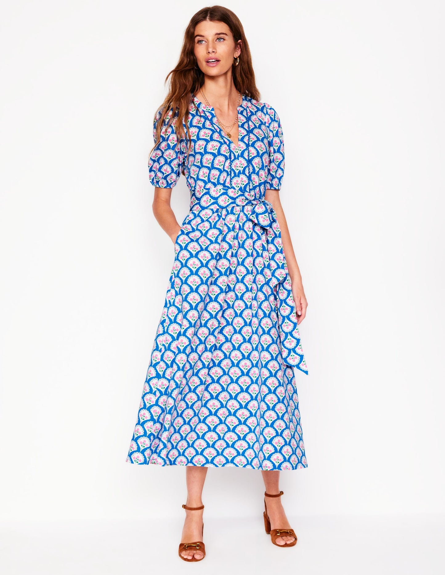 Sofia Jersey-Midikleid mit Besatz-Leuchtendes Blau, Blütenterrasse