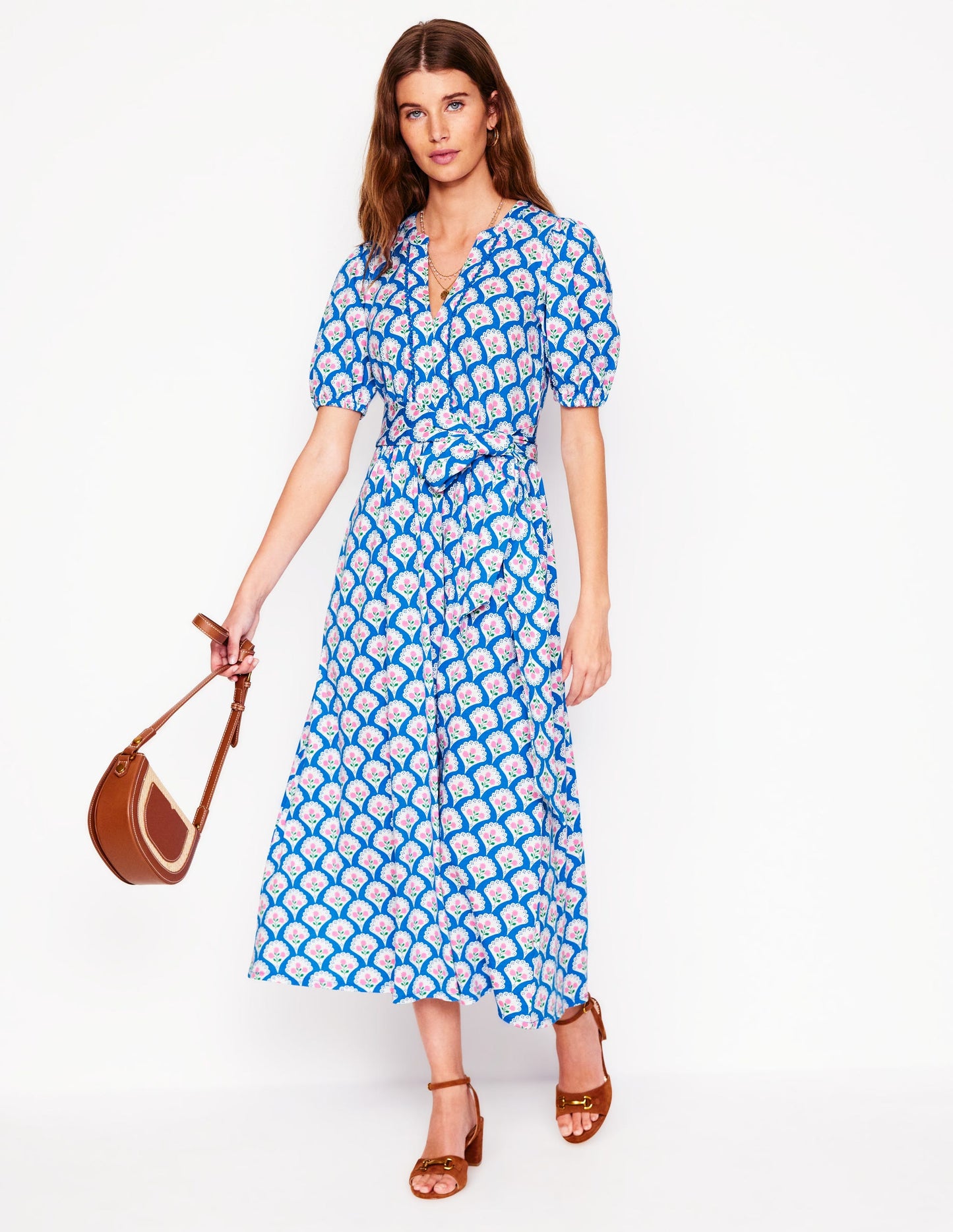 Sofia Jersey-Midikleid mit Besatz-Leuchtendes Blau, Blütenterrasse