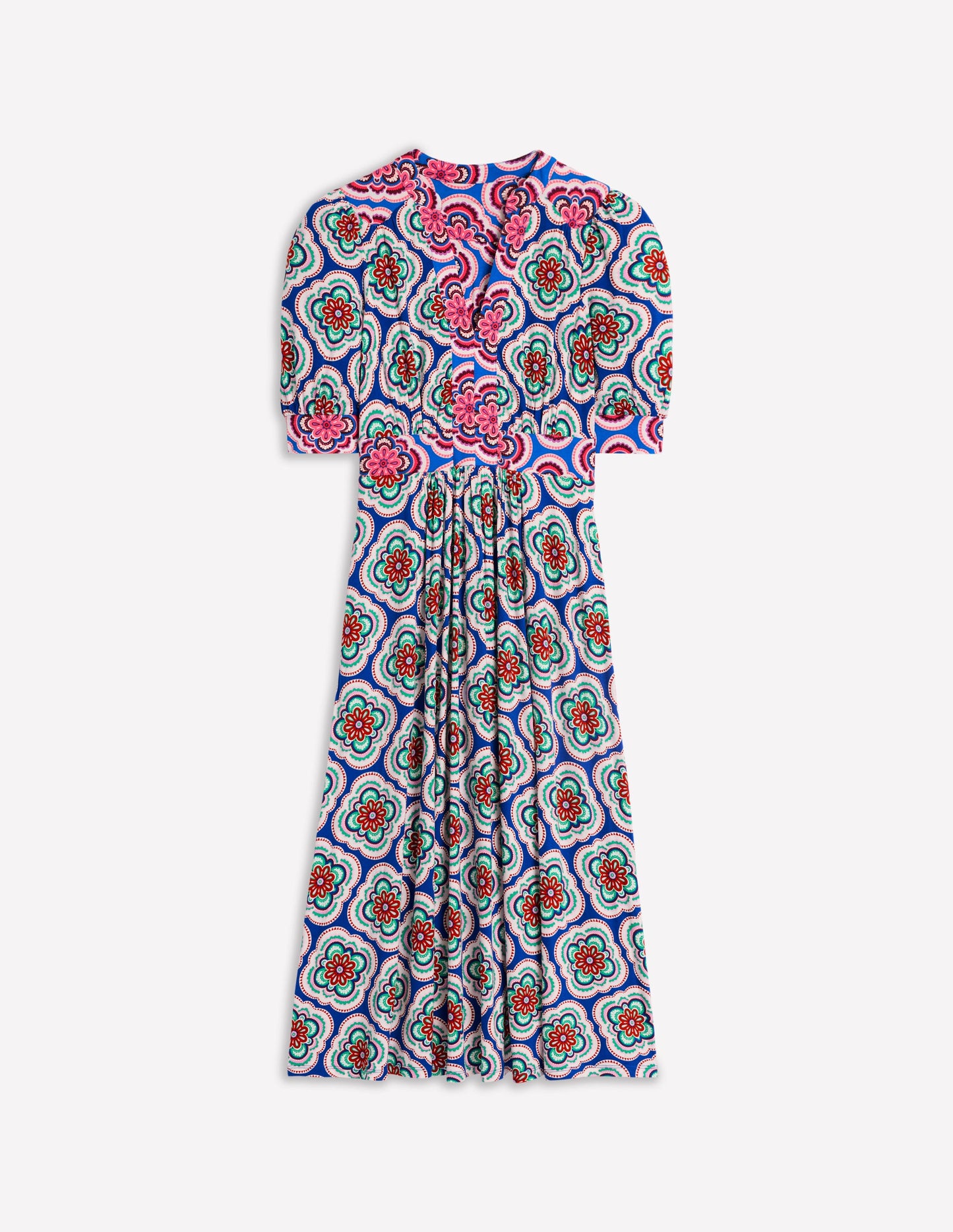 Robe midi style 40s Lily en jersey-Bleu vif, motif Botanic Blush