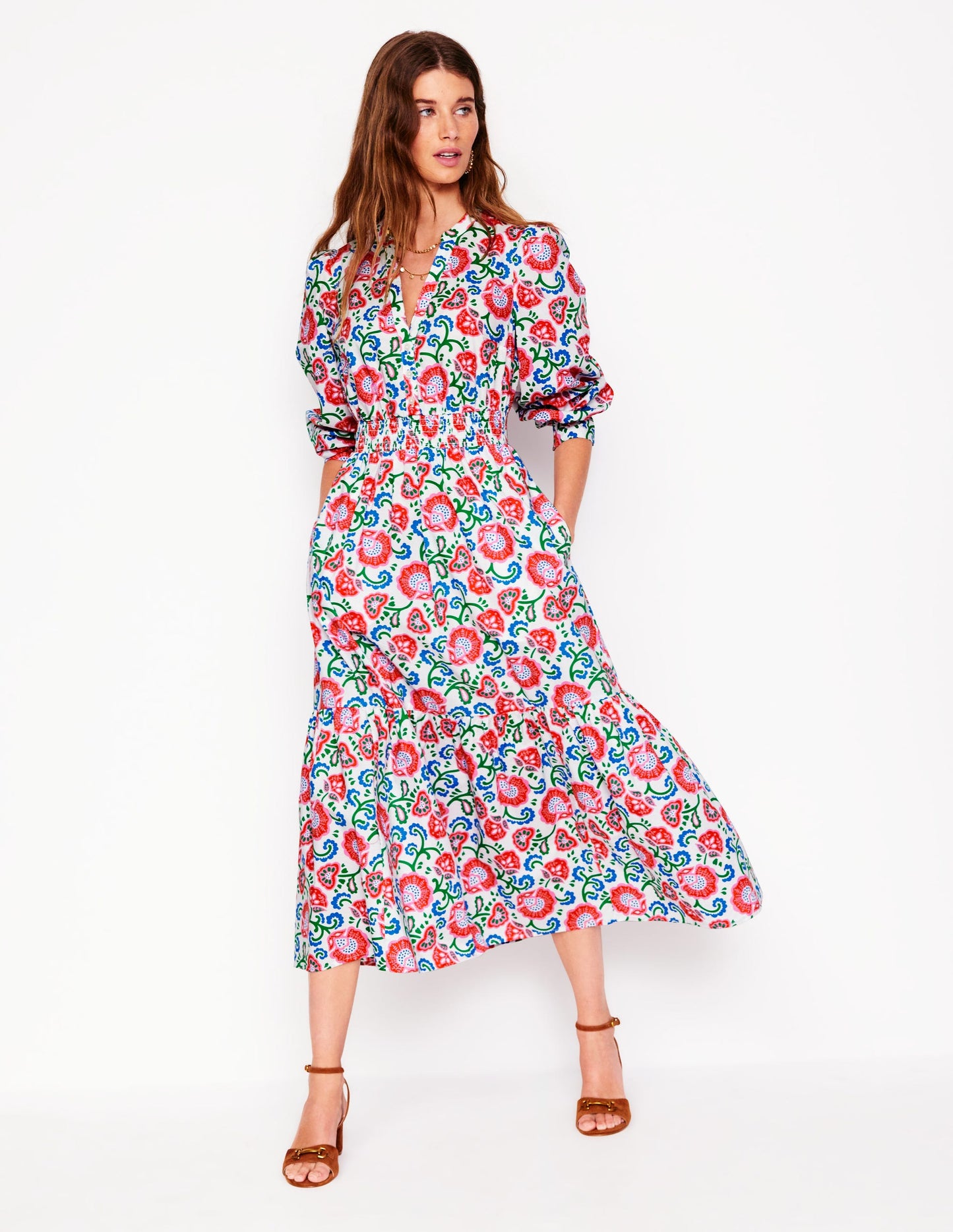 Robe midi Elena en coton à volants-Ivoire, motif Garden Vine