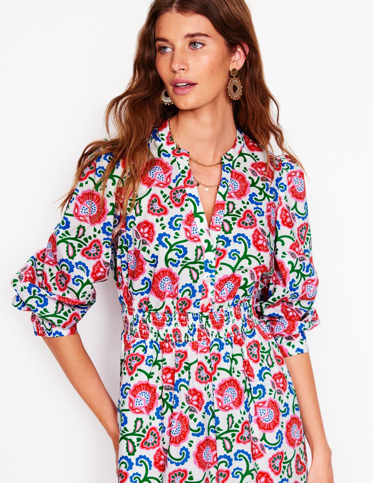 Robe midi Elena en coton à volants-Ivoire, motif Garden Vine