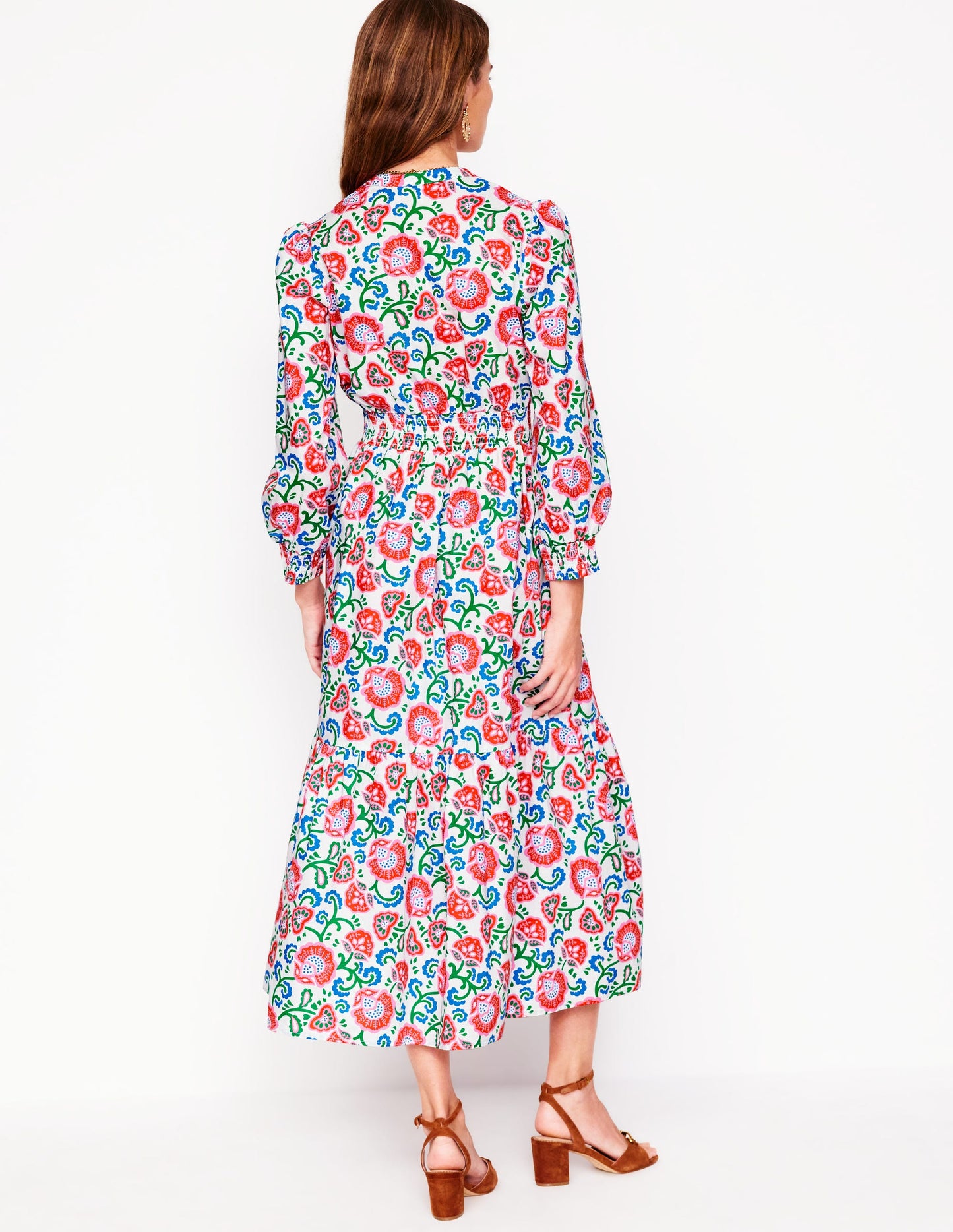 Robe midi Elena en coton à volants-Ivoire, motif Garden Vine