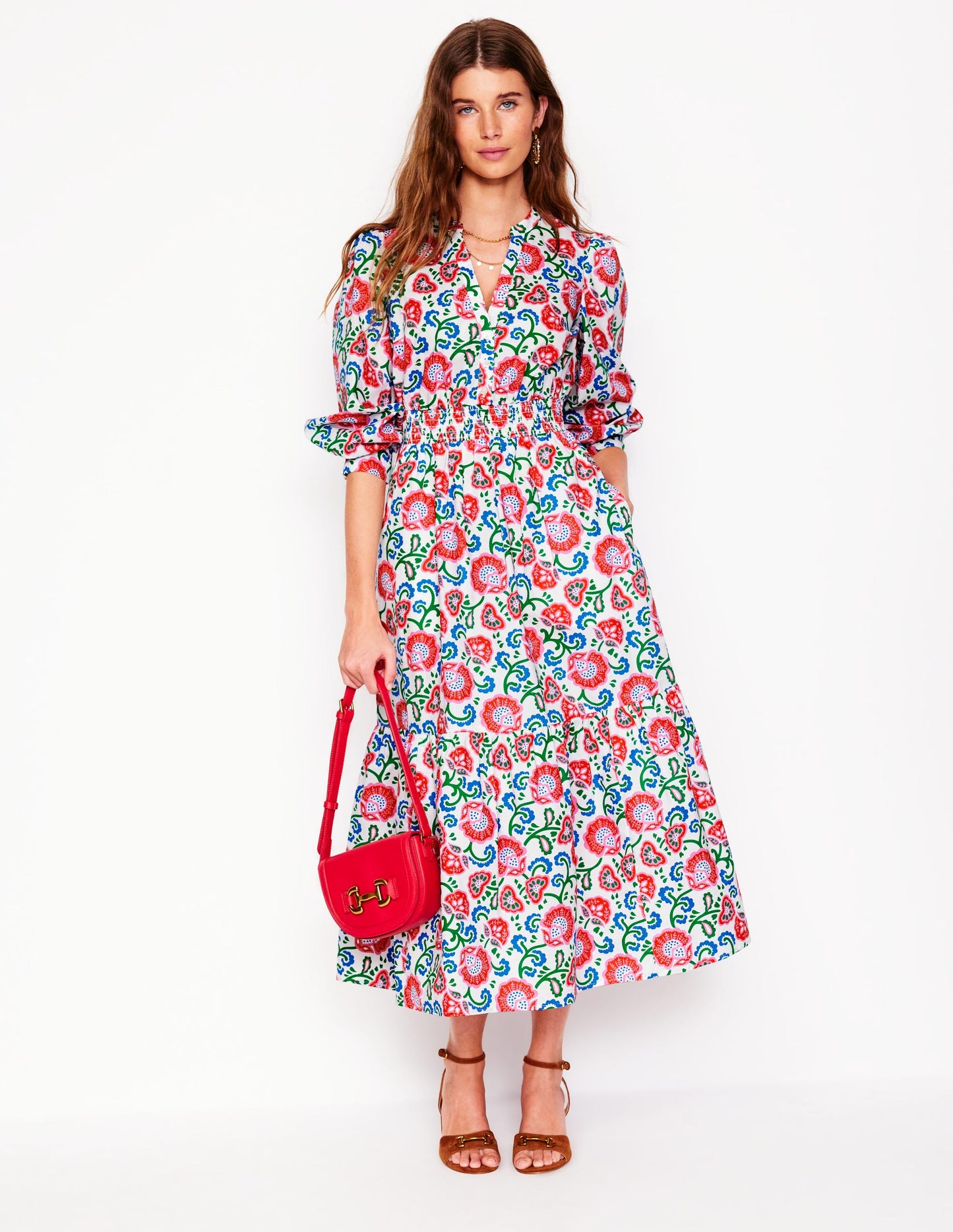 Robe midi Elena en coton à volants-Ivoire, motif Garden Vine