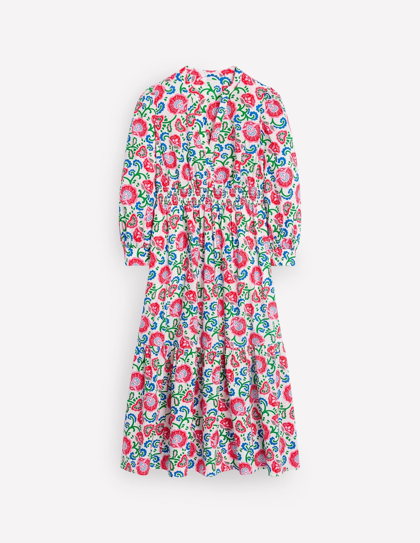 Elena Tiered Cotton Midi Dress-Ivory, Garden Vine