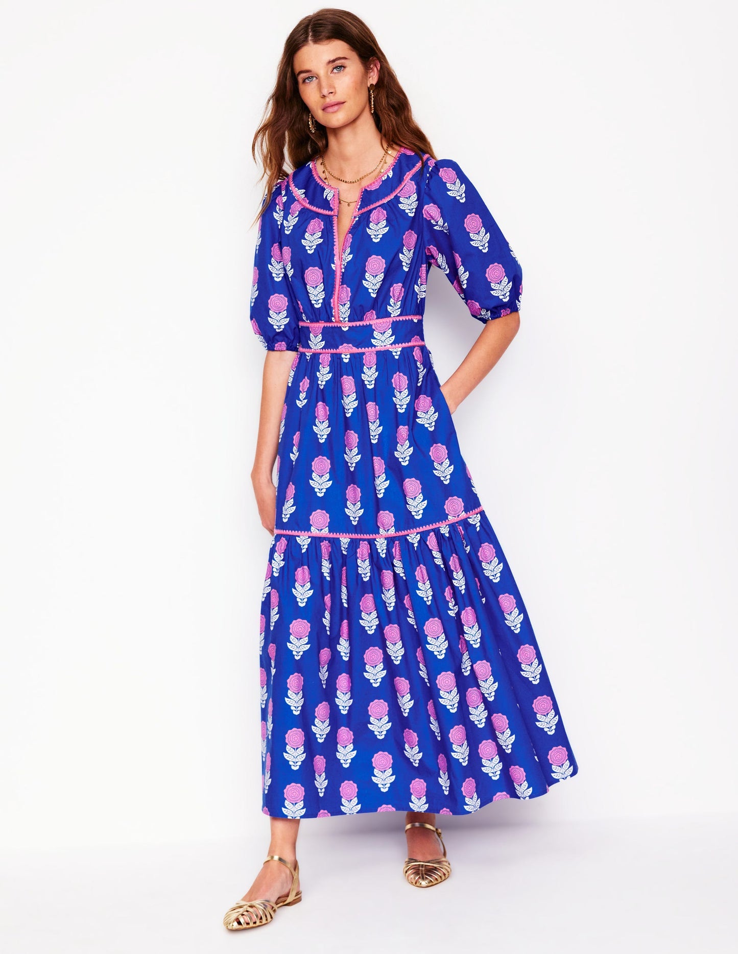 Rhea Besticktes Midikleid-Galerie-Blau, Dahlienzweig