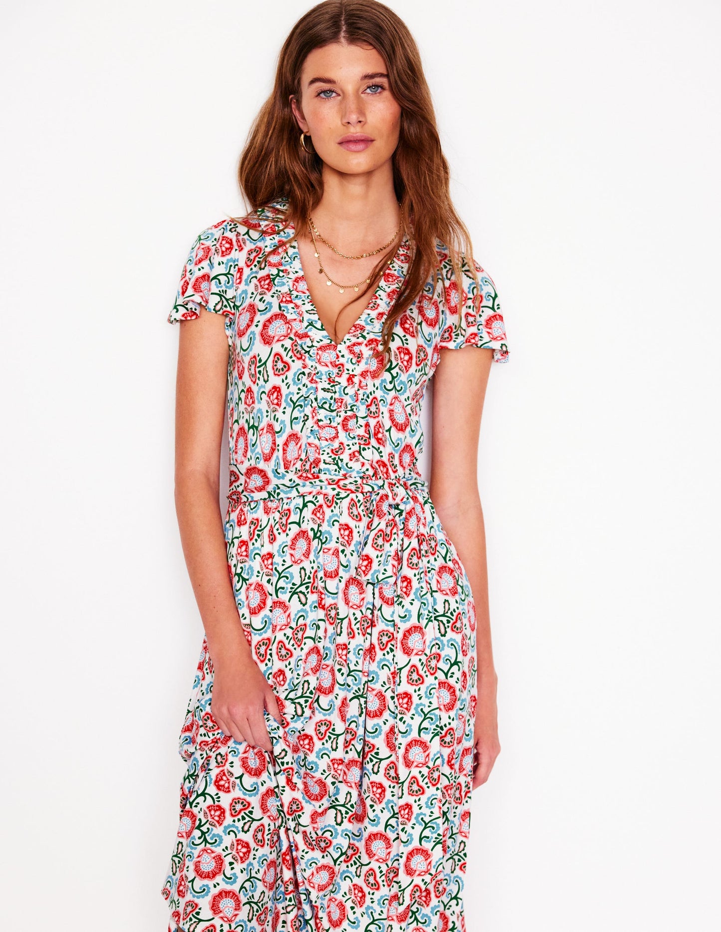 Robe style 40s Nicola en jersey-Ivoire, motif Garden Vine