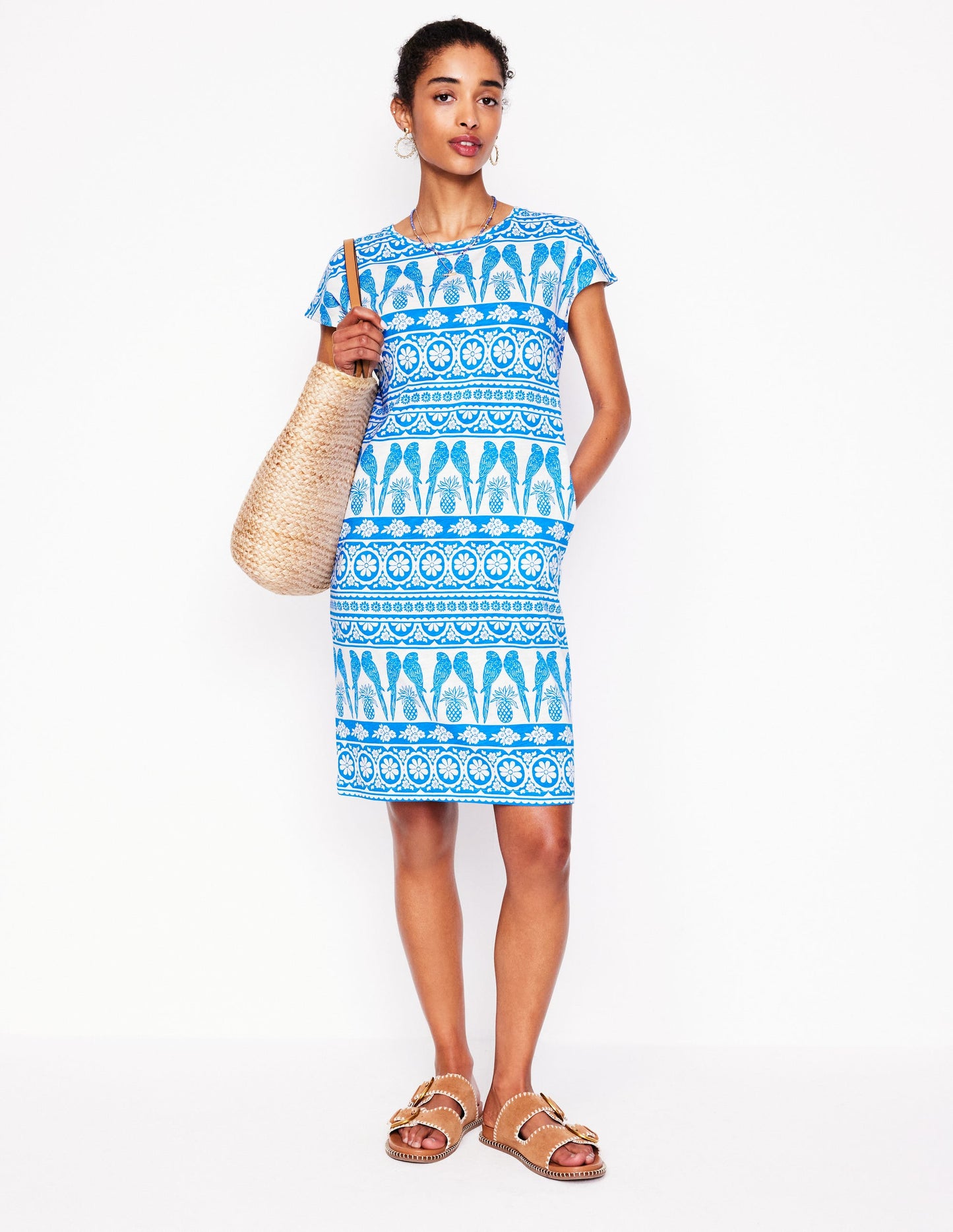 Leah T-Shirt-Kleid aus Jersey-Himmelblau, Tropische Ornamente