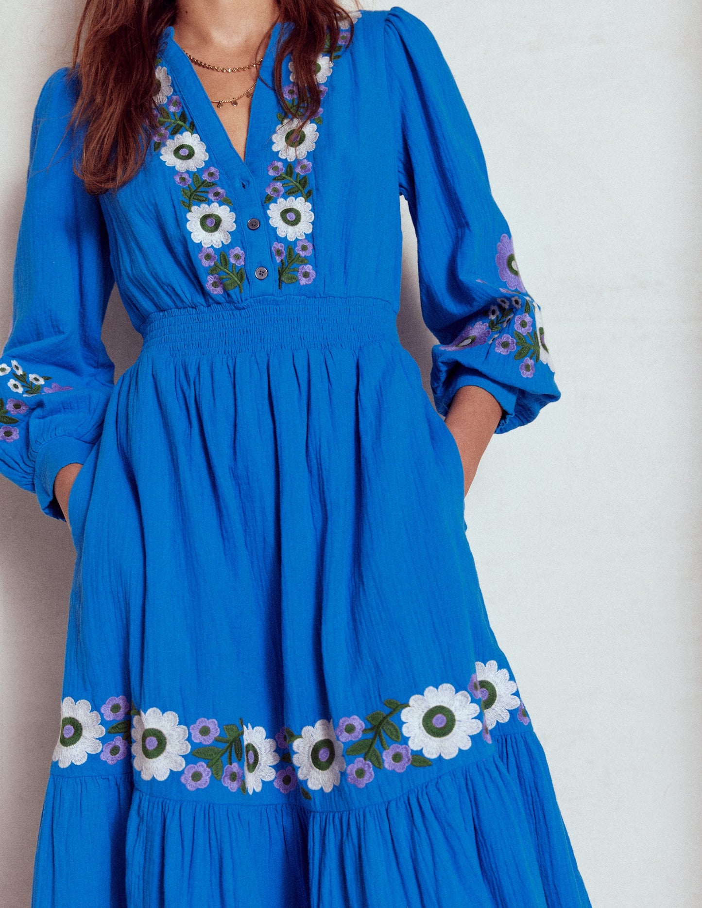 Elena Doppeltuch-Midikleid-Blaue Stickerei