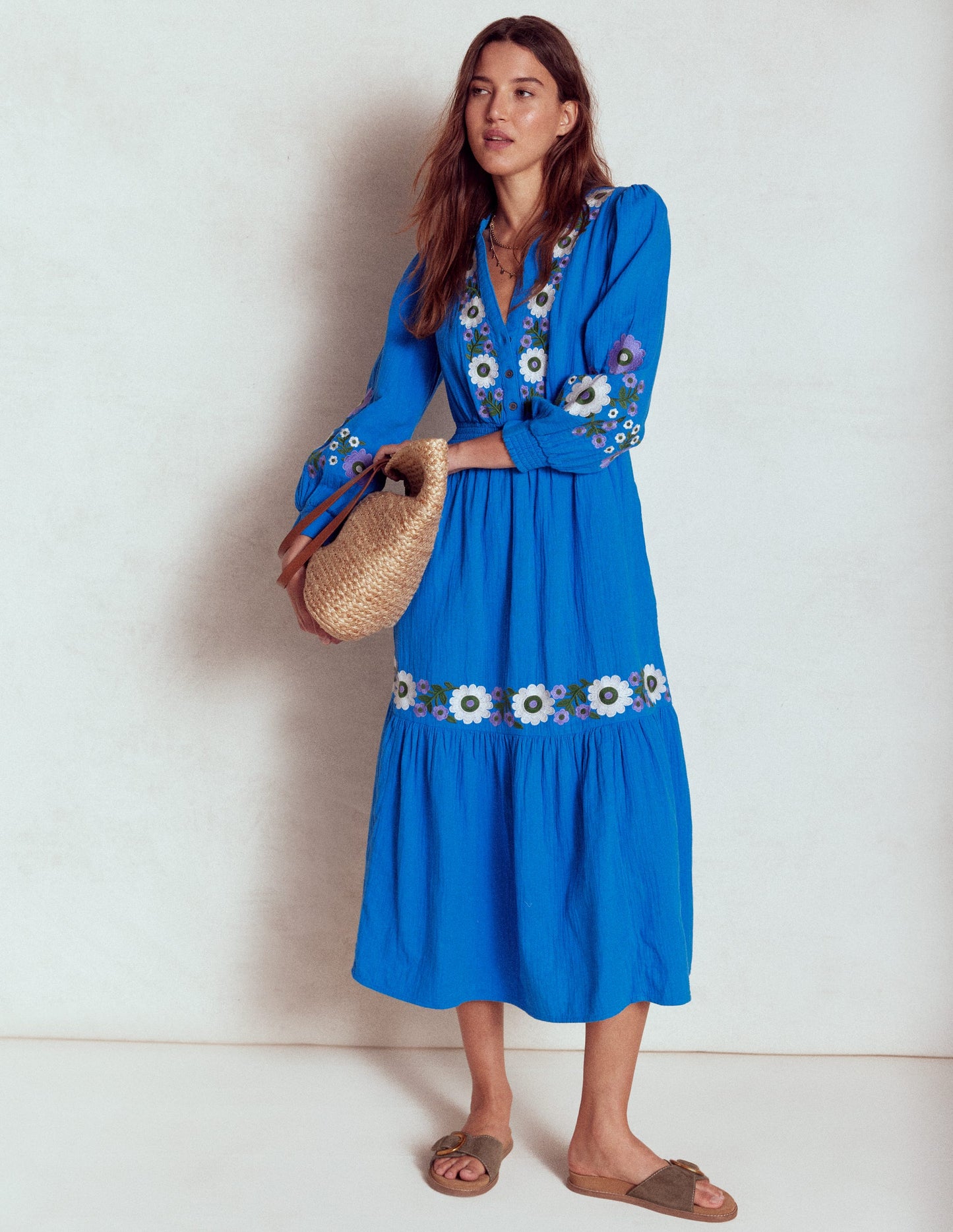 Elena Doppeltuch-Midikleid-Blaue Stickerei