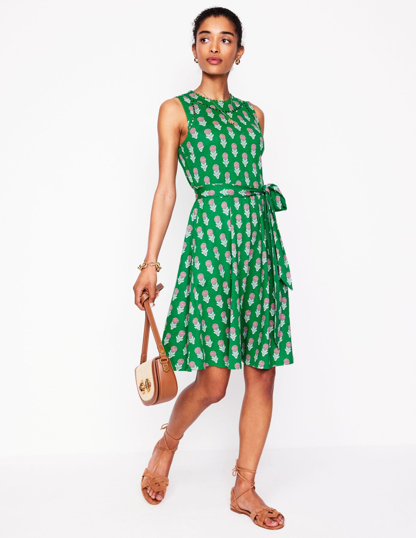 Robe courte Mila en jersey-Émeraude profond, motif Dahlia Sprig