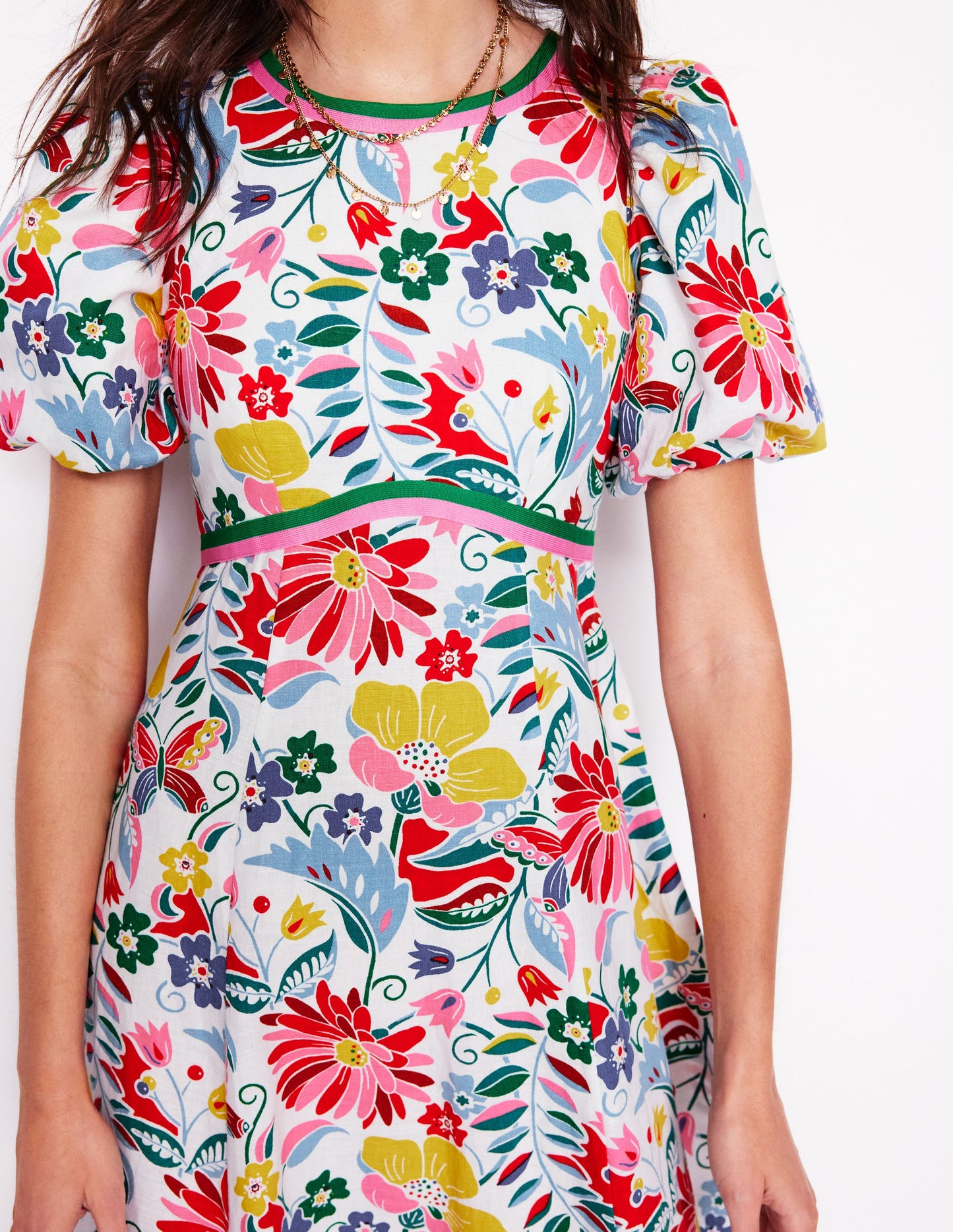 Robe style 40s à taille empire en lin-Multi, motif Wildflower Trail