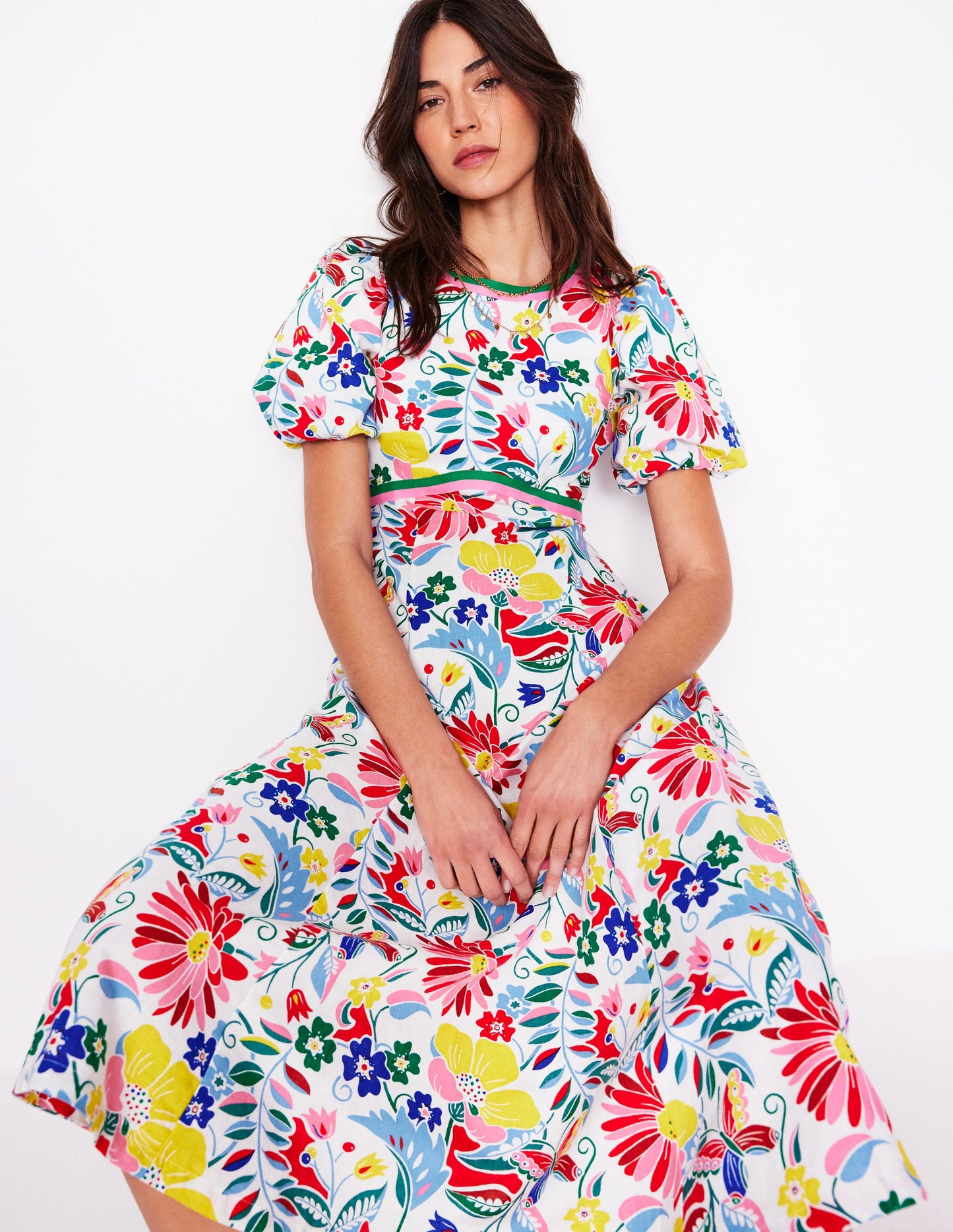 Robe style 40s à taille empire en lin-Multi, motif Wildflower Trail