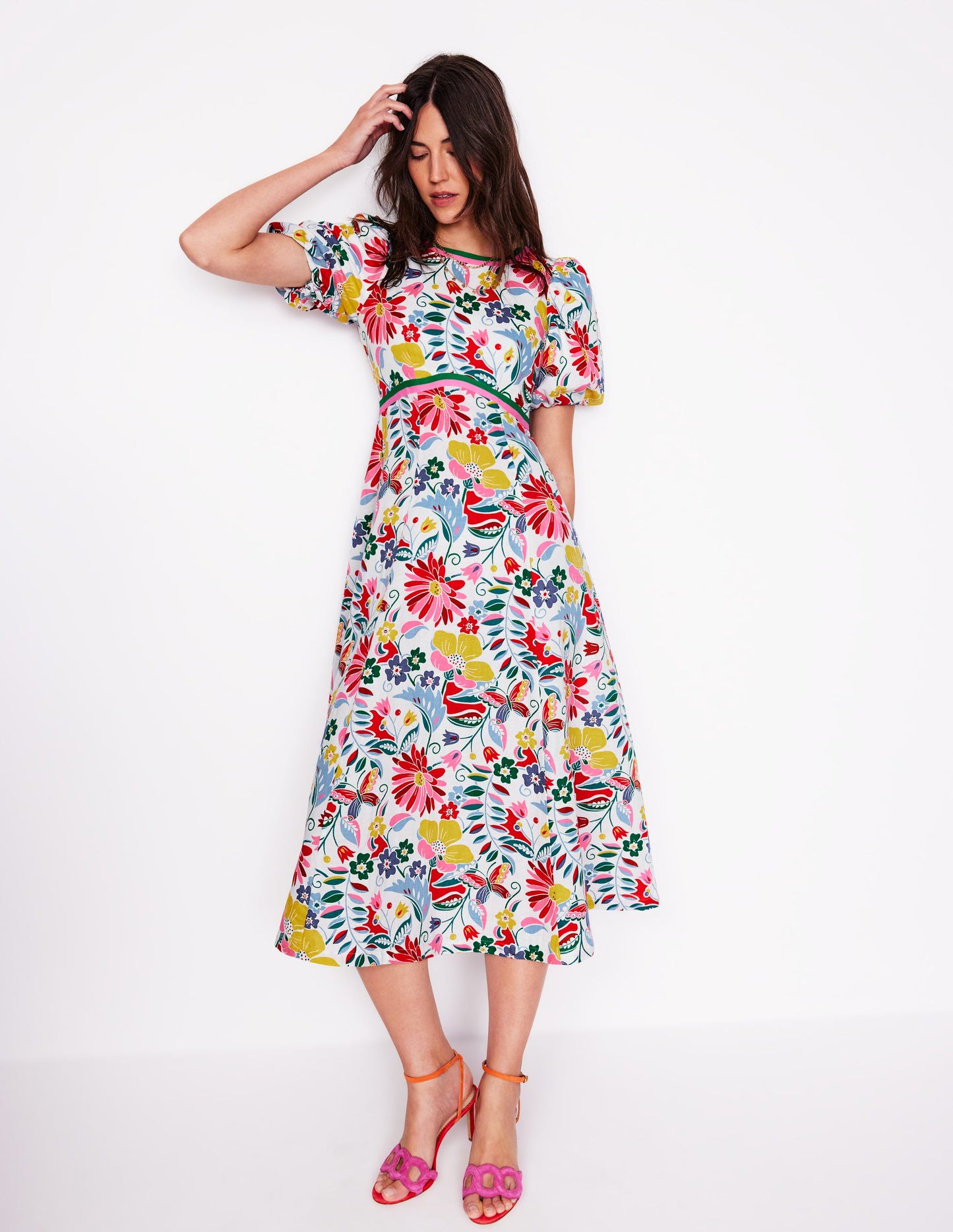 Robe style 40s à taille empire en lin-Multi, motif Wildflower Trail