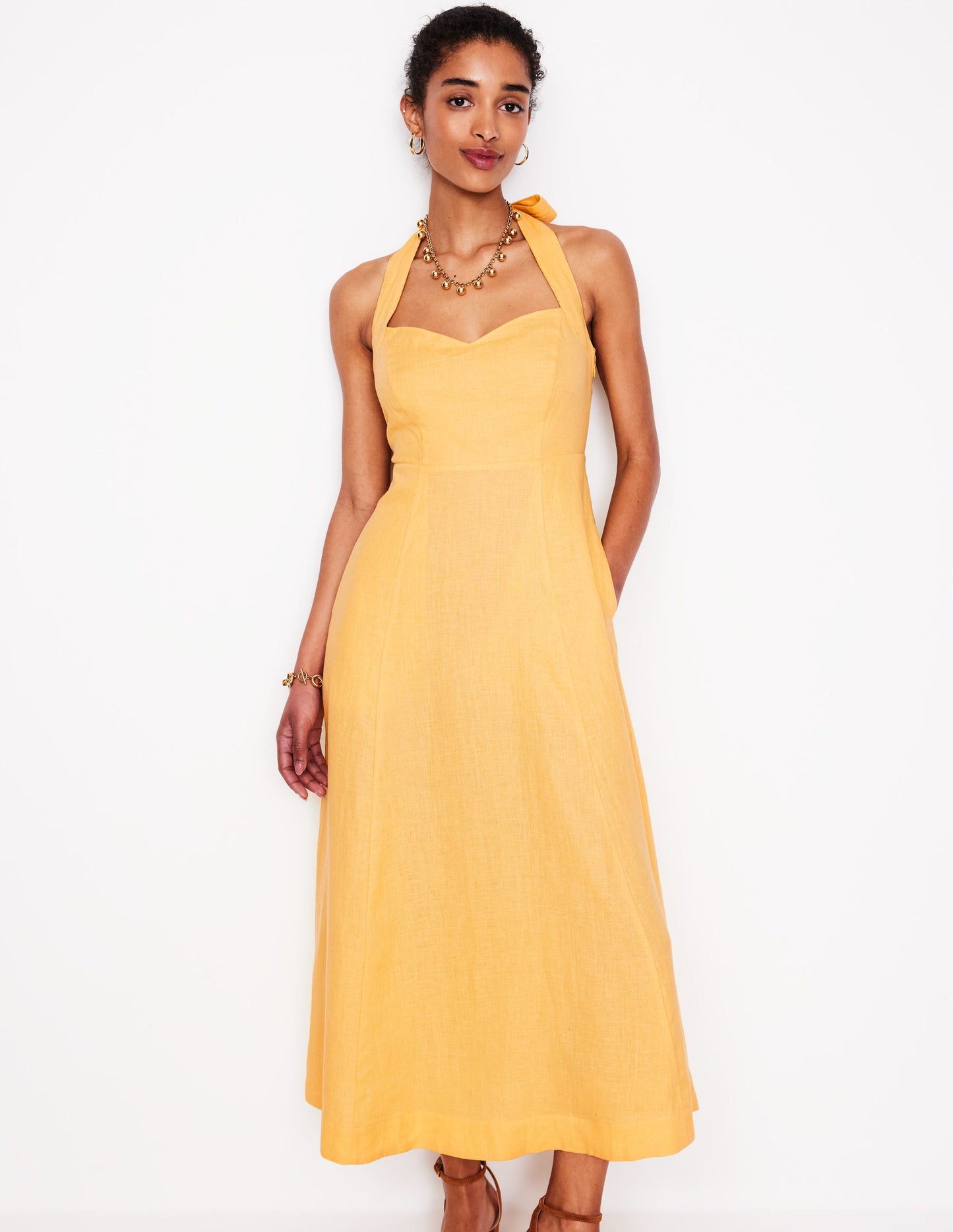 Neckholder-Kleid aus Leinen-Buttermilchgelb
