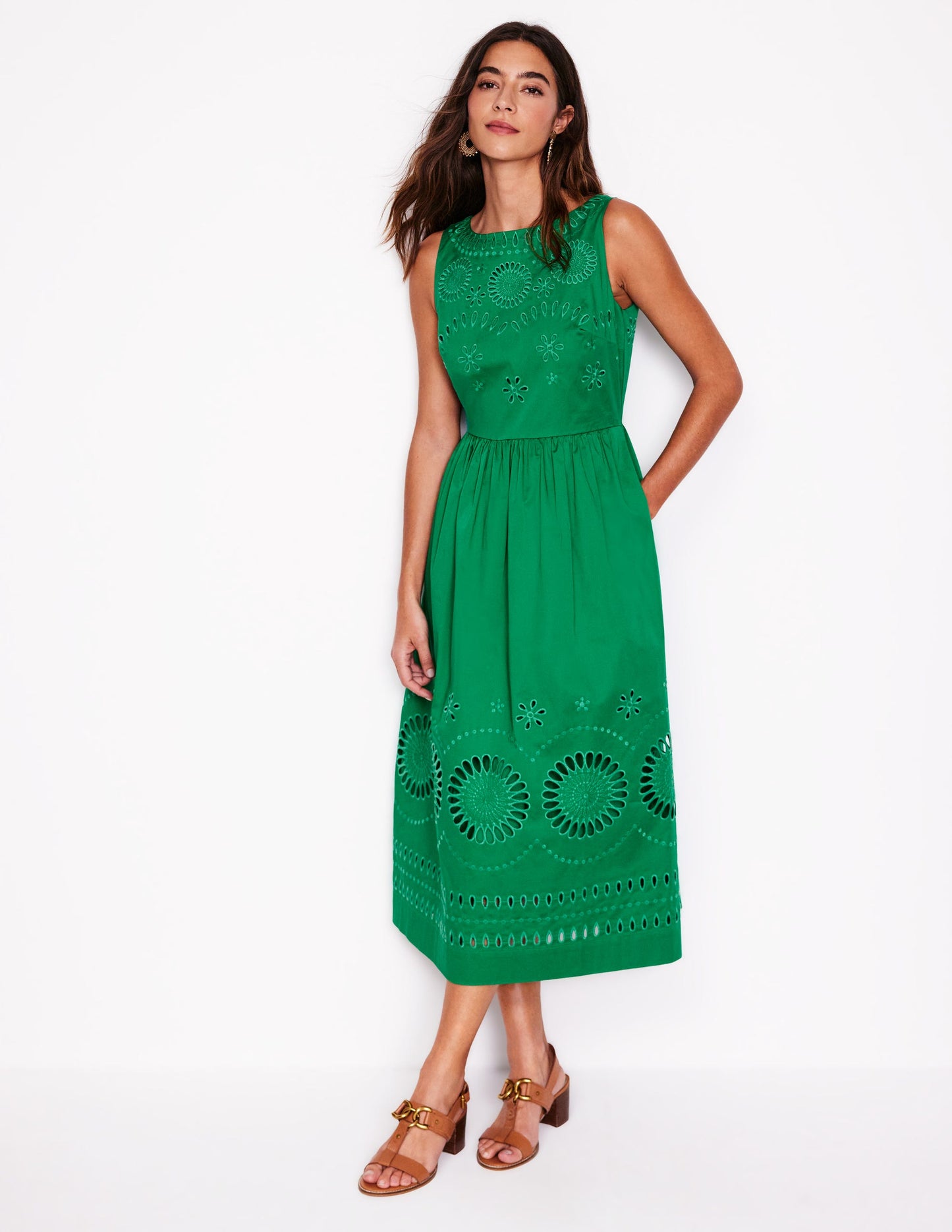 Lauren Midikleid mit Lochstickerei-Smaragdgrün, Lochstickerei