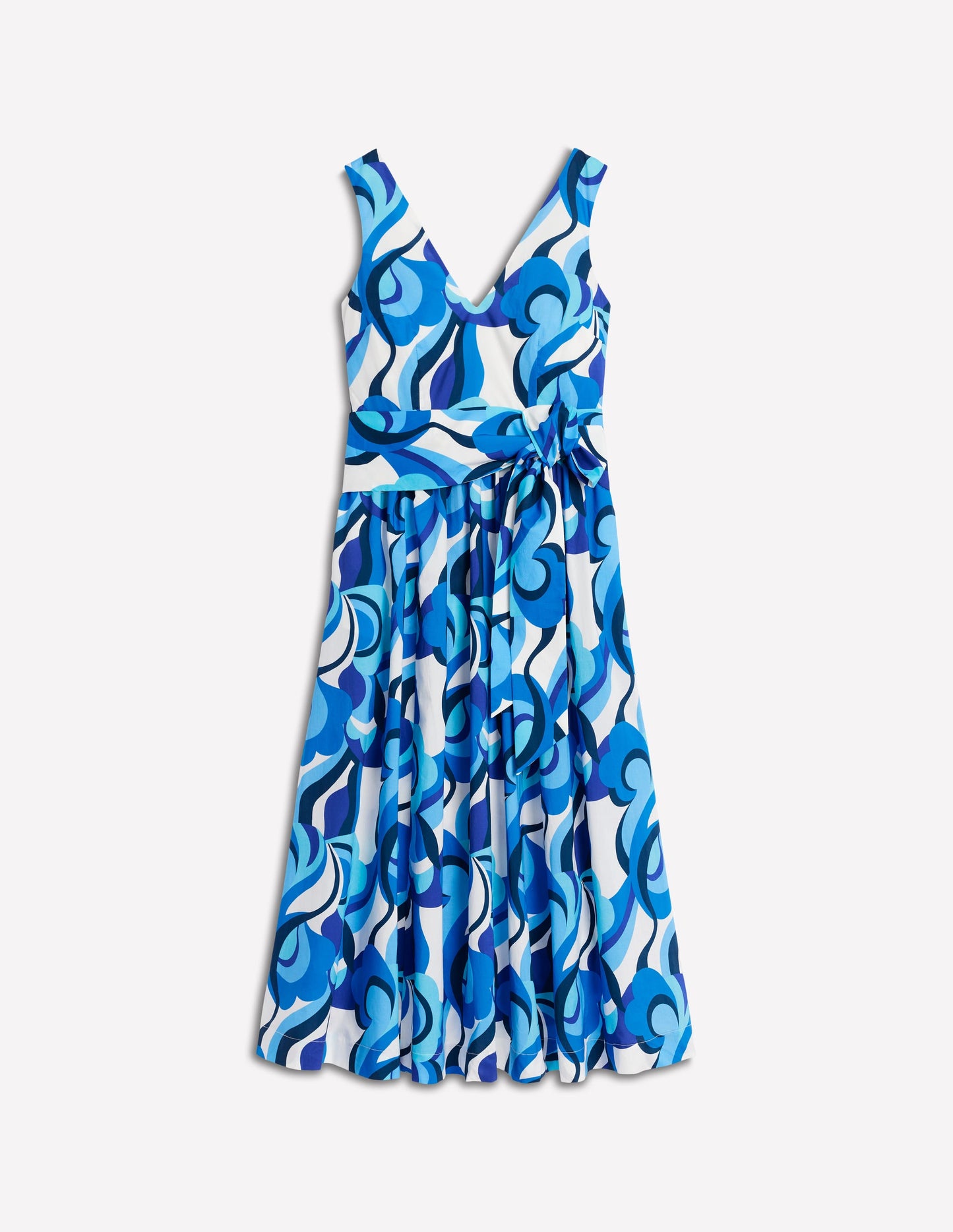 Ausgestelltes Kleid mit V-Ausschnitt und Gürtel-Blau, Abstrakte Wirbel