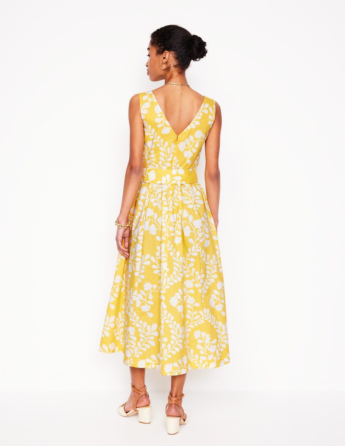 Ausgestelltes Kleid mit V-Ausschnitt und Gürtel-Gelb, Reben-Silhouette