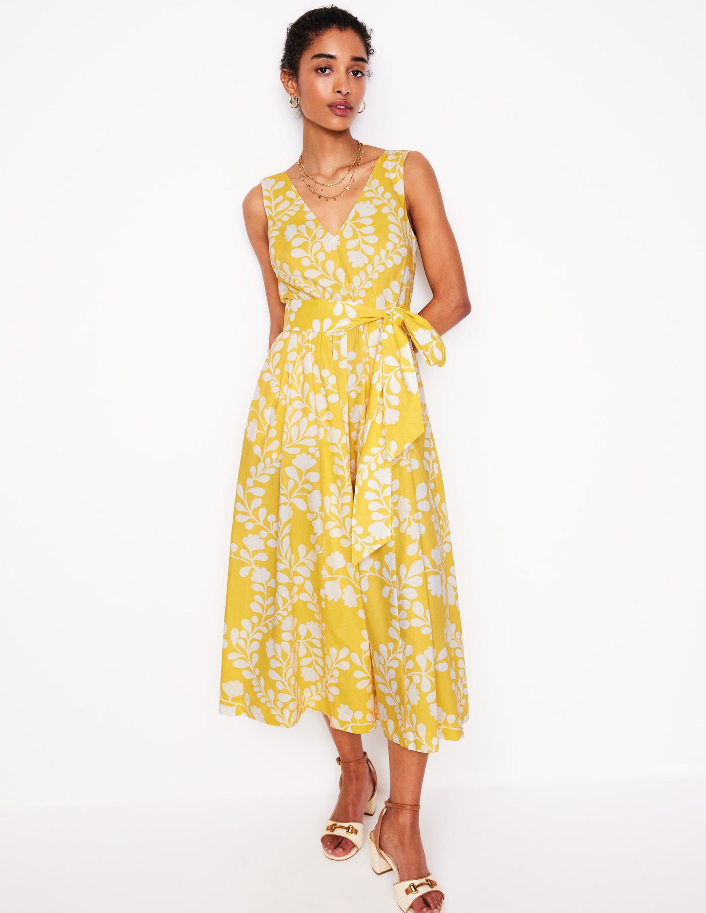 Ausgestelltes Kleid mit V-Ausschnitt und Gürtel-Gelb, Reben-Silhouette