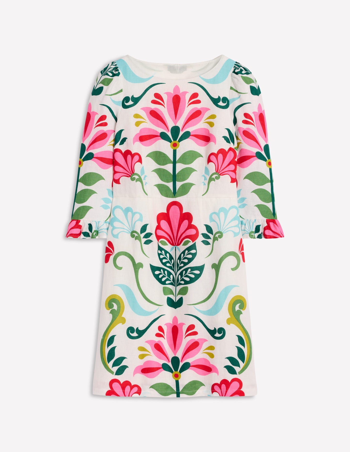 Leinenkleid mit Trompetenärmeln-Naturweiß, Dekorative Blütenstempel