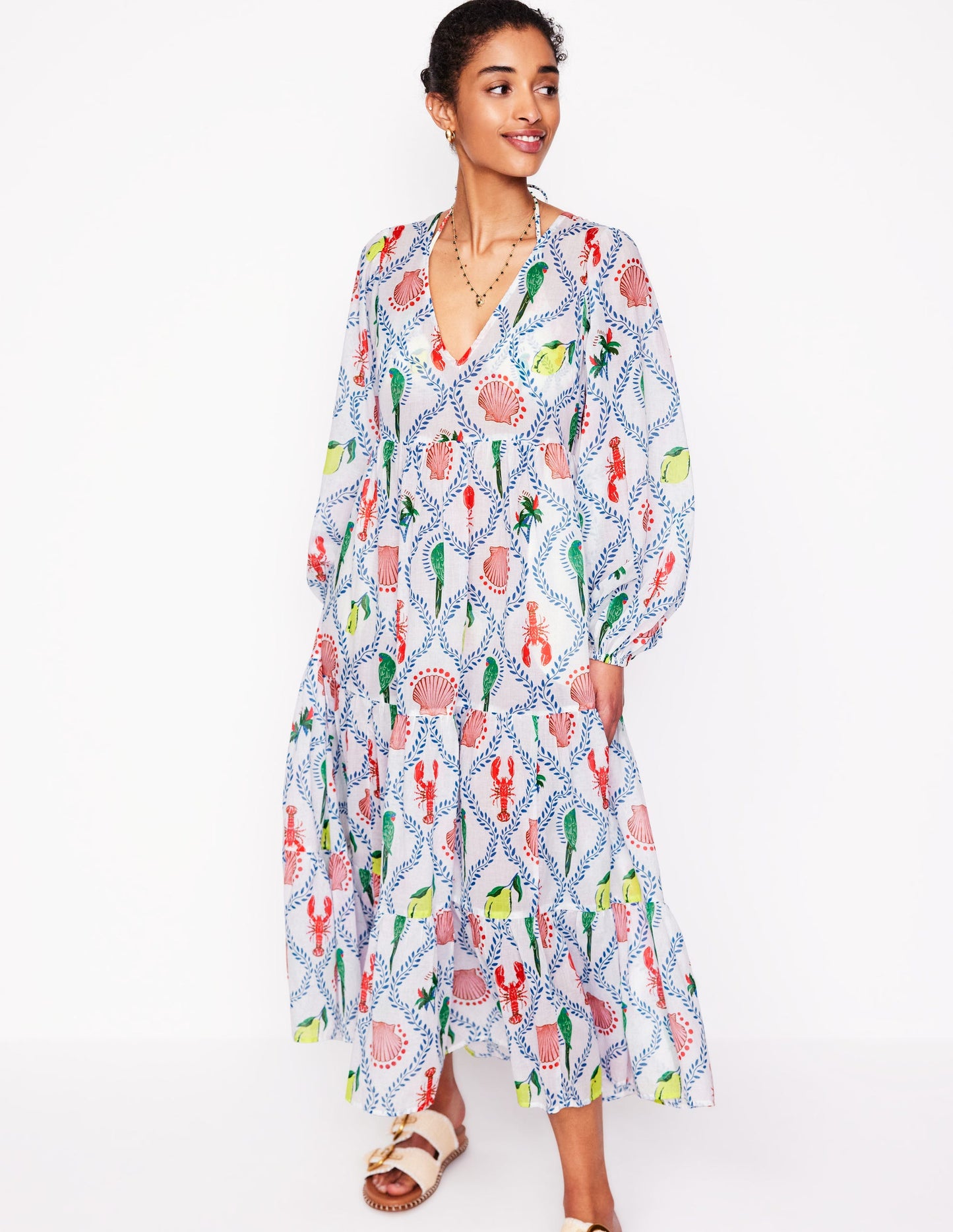 Gestufter Baumwollkaftan mit V-Ausschnitt-Naturweiß, Tropical Bonanza-Motiv