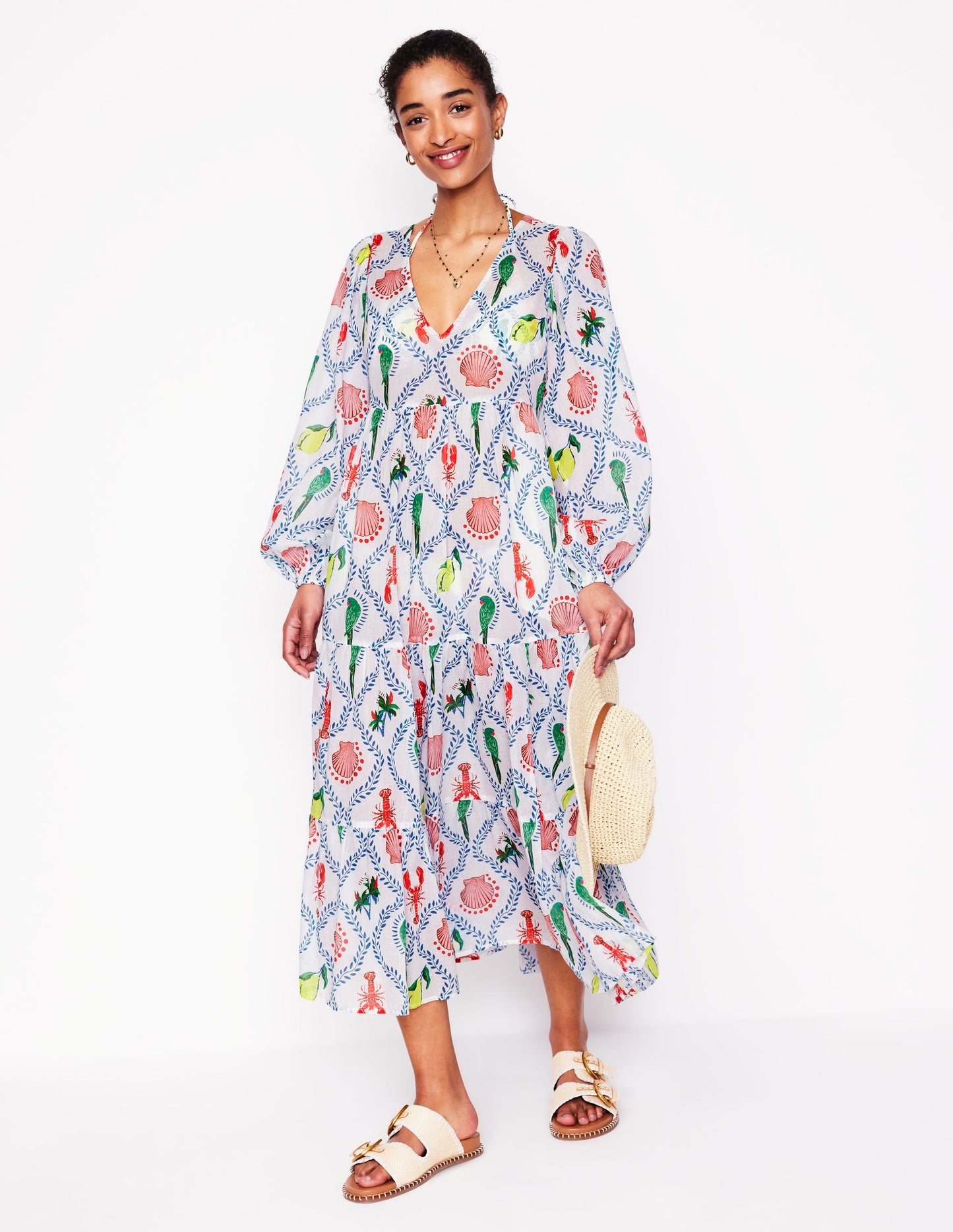 Gestufter Baumwollkaftan mit V-Ausschnitt-Naturweiß, Tropical Bonanza-Motiv