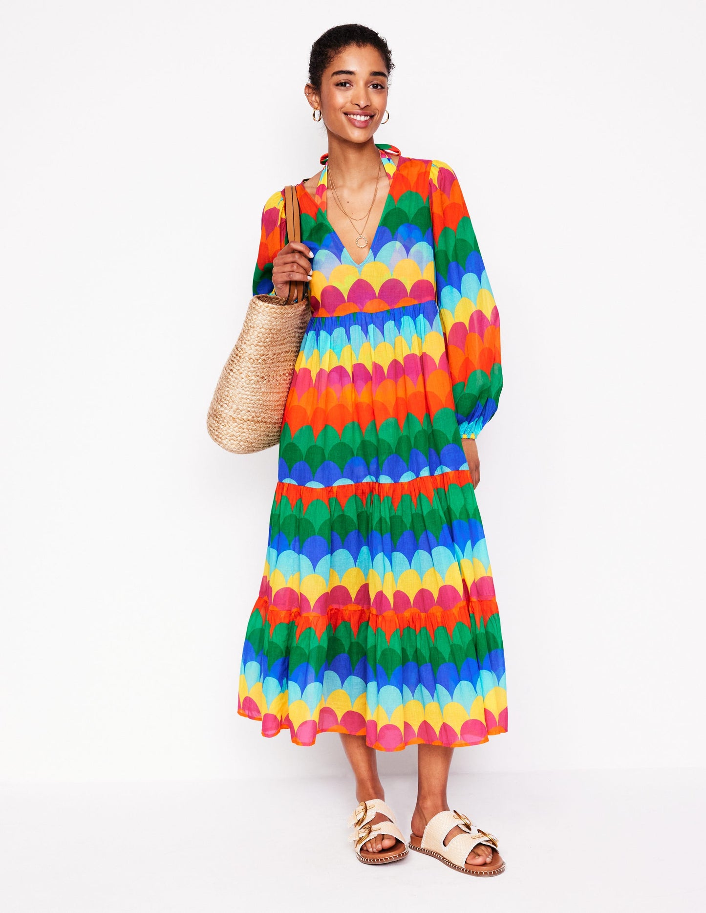 Gestufter Baumwollkaftan mit V-Ausschnitt-Bunt, Muschel-Streifen
