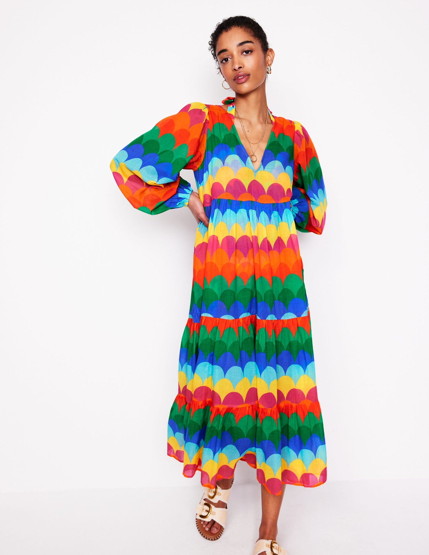 Gestufter Baumwollkaftan mit V-Ausschnitt-Bunt, Muschel-Streifen