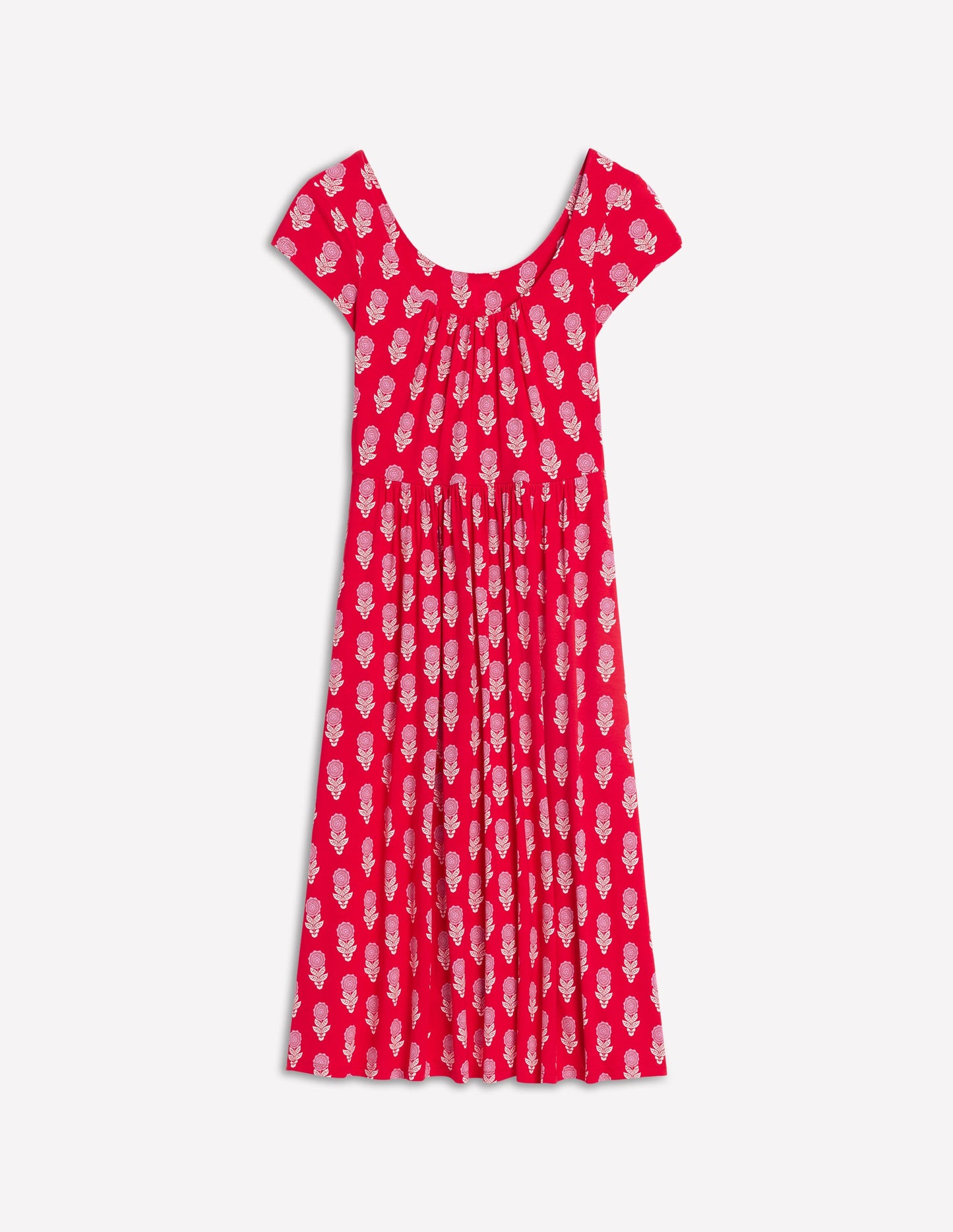 Robe en jersey Samantha à col en U-Rouge coquelicot, motif Dahlia Sprig